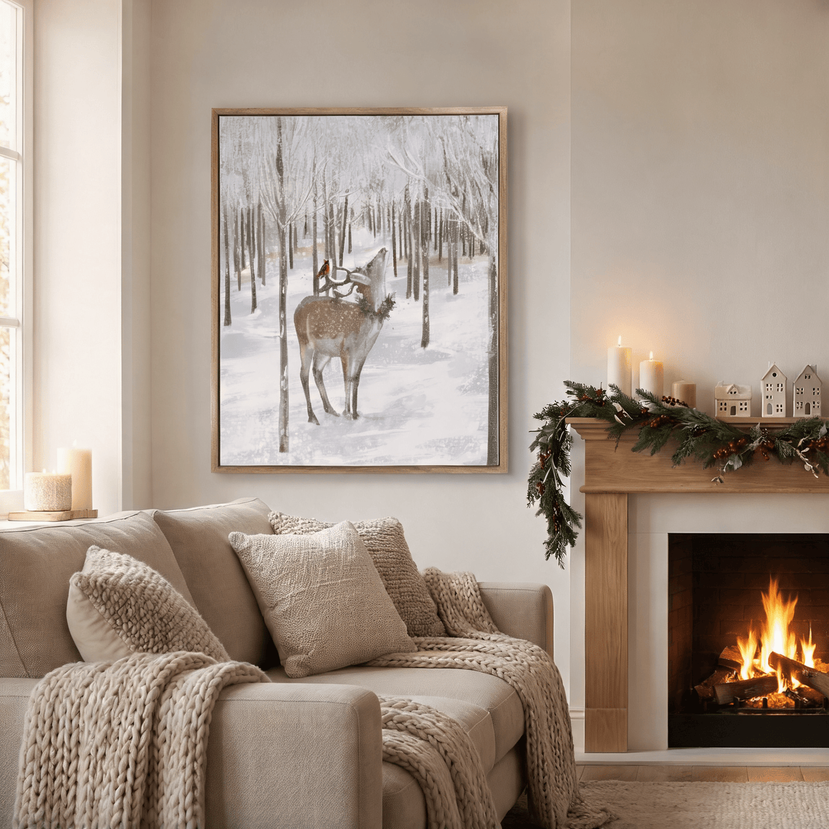 28x20 Christmas Deer Wall Art, Hand-Painted Farmhouse Winter Forest Canvas