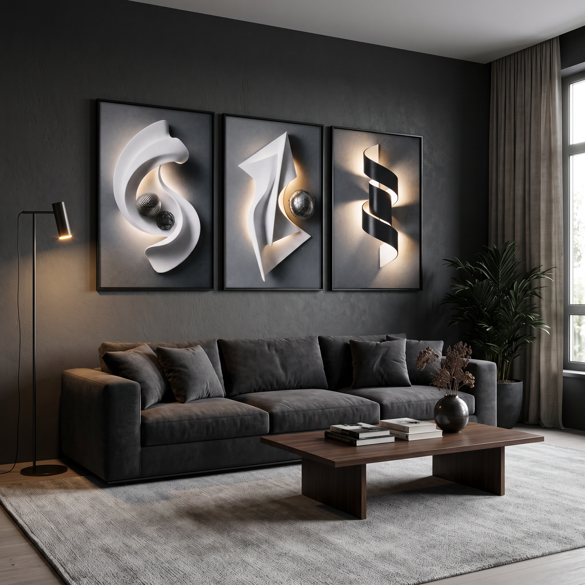 Architectural Crystal Coating Wall Art Set of 3, Large Geometric Canvas Wall Decor for Living Room