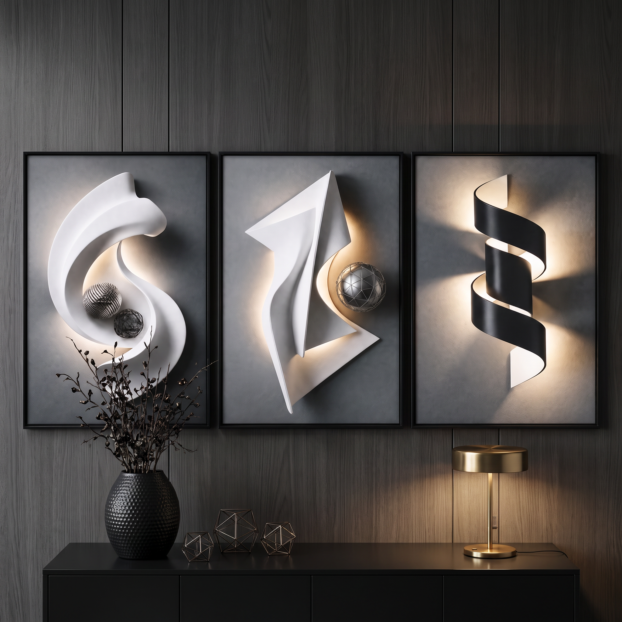 Architectural Crystal Coating Wall Art Set of 3, Large Geometric Canvas Wall Decor for Living Room