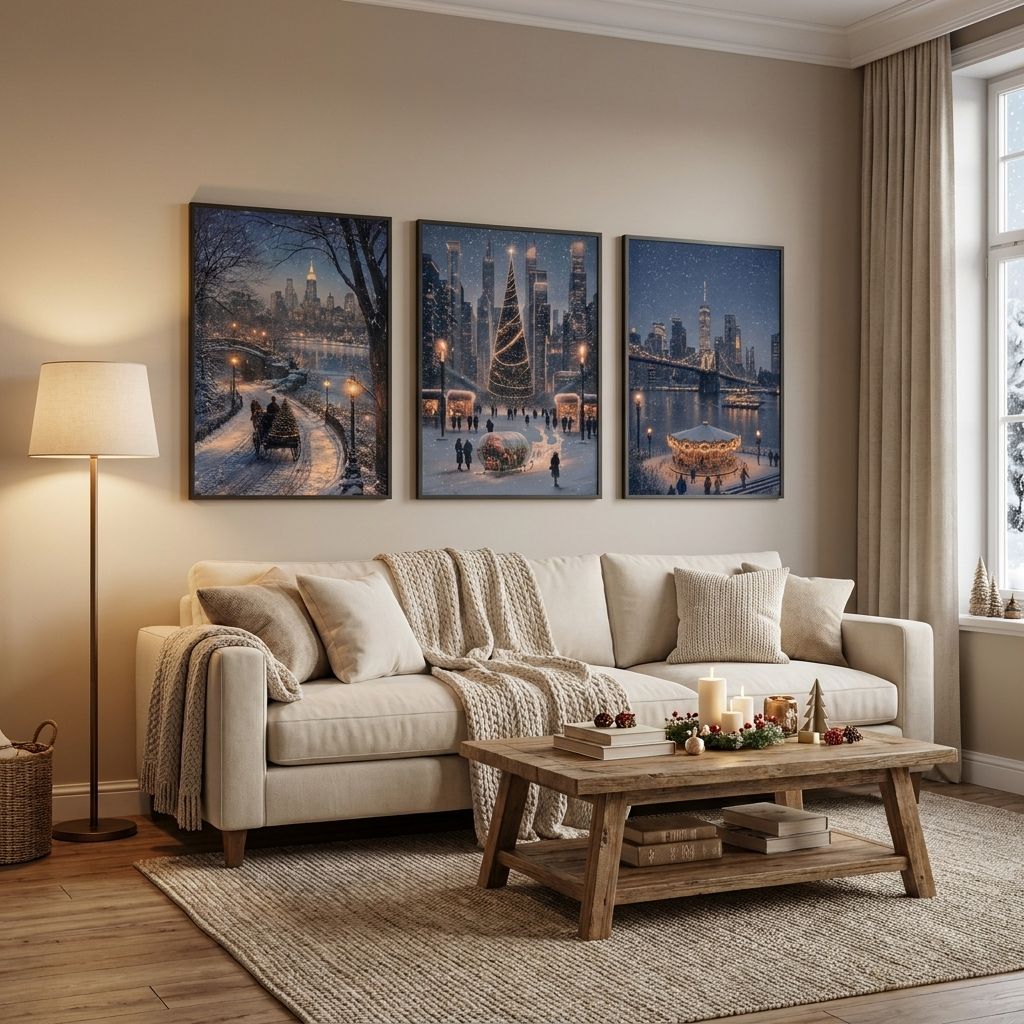 36x24 3-Piece New York Christmas Wall Art Triptych, Snowy Cityscape, Crystal Porcelain Framed