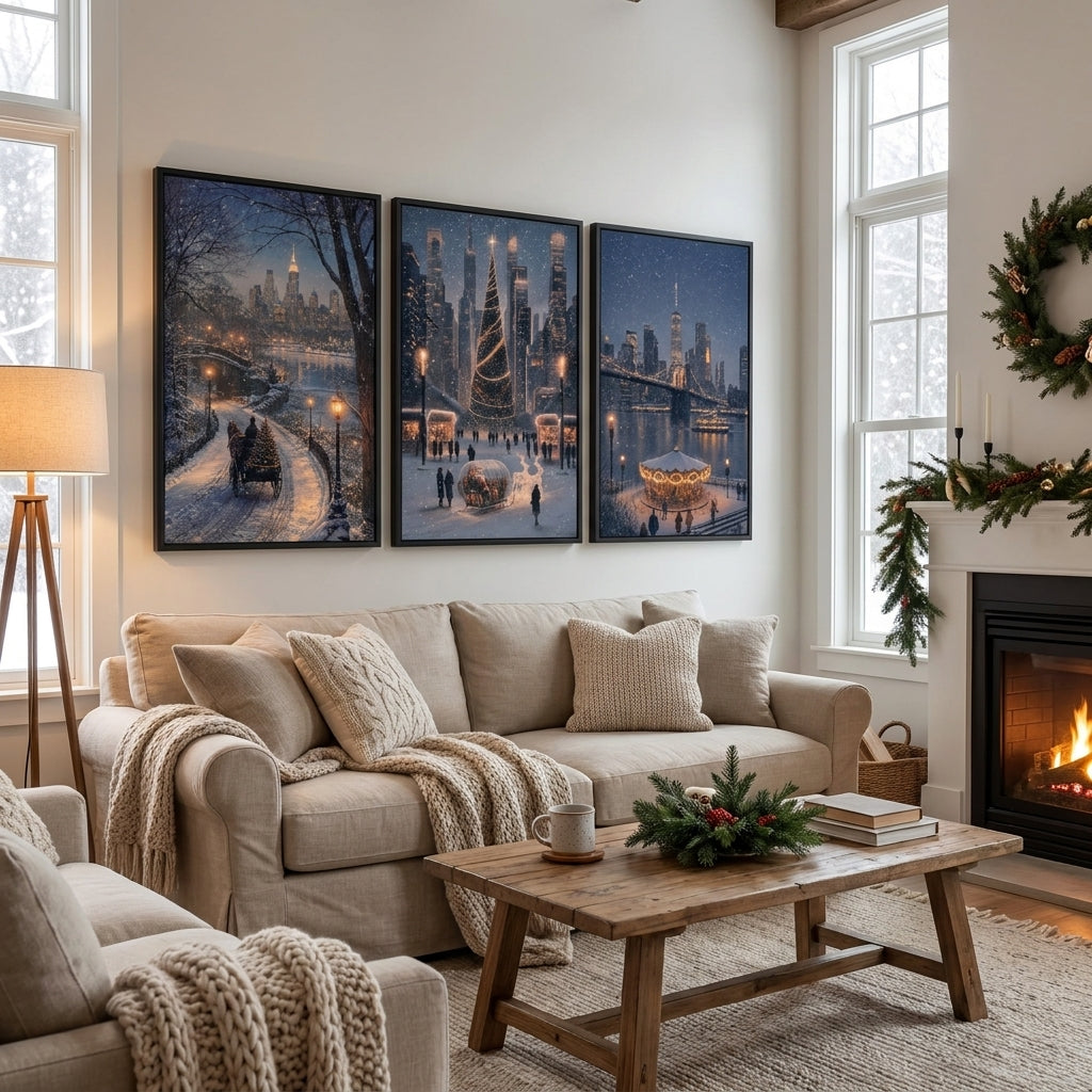 36x24 3-Piece New York Christmas Wall Art Triptych, Snowy Cityscape, Crystal Porcelain Framed