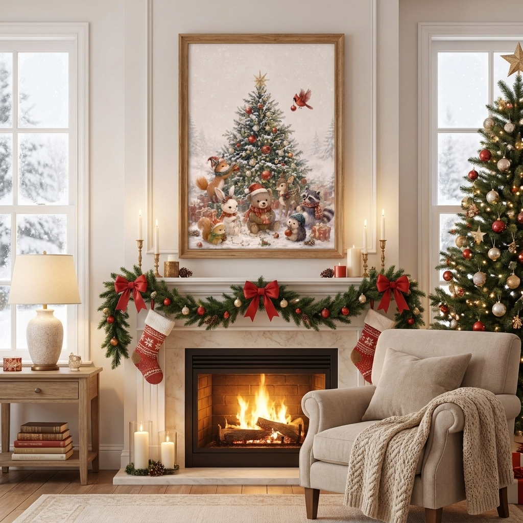 Watercolor Christmas Tree Wall Art, Red Velvet Bow, Rustic Farmhouse Framed Holiday Decor, Living Room