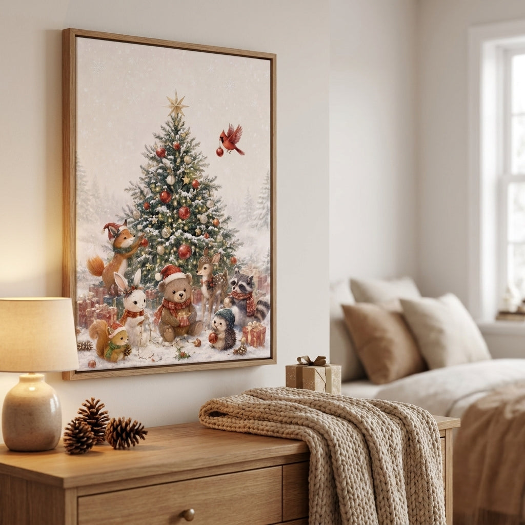 Watercolor Christmas Tree Wall Art, Red Velvet Bow, Rustic Farmhouse Framed Holiday Decor, Living Room