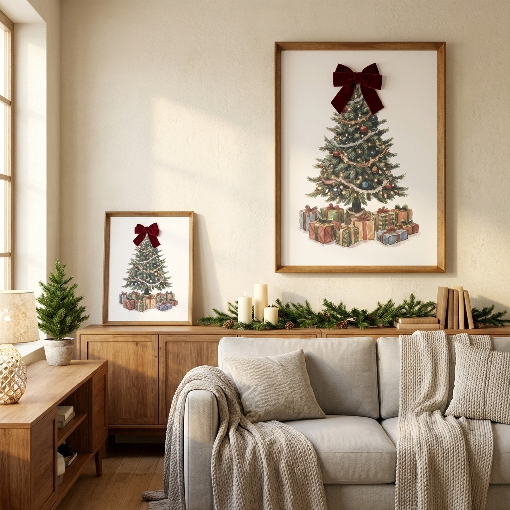 Watercolor Christmas Tree Wall Art, Red Velvet Bow, Farmhouse Framed Holiday Decor, Living Room