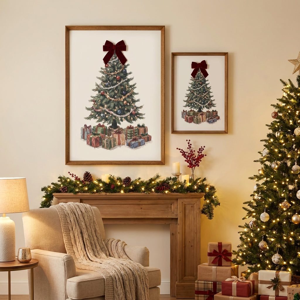 Watercolor Christmas Tree Wall Art, Red Velvet Bow, Farmhouse Framed Holiday Decor, Living Room