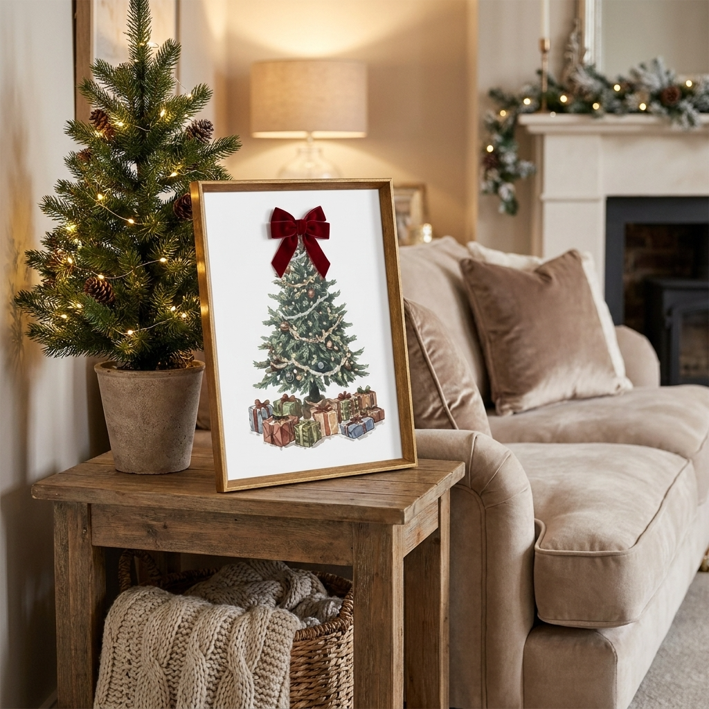 Watercolor Christmas Tree Wall Art, Red Velvet Bow, Farmhouse Framed Holiday Decor, Living Room