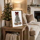 Watercolor Christmas Tree Wall Art, Red Velvet Bow, Farmhouse Framed Holiday Decor, Living Room 3