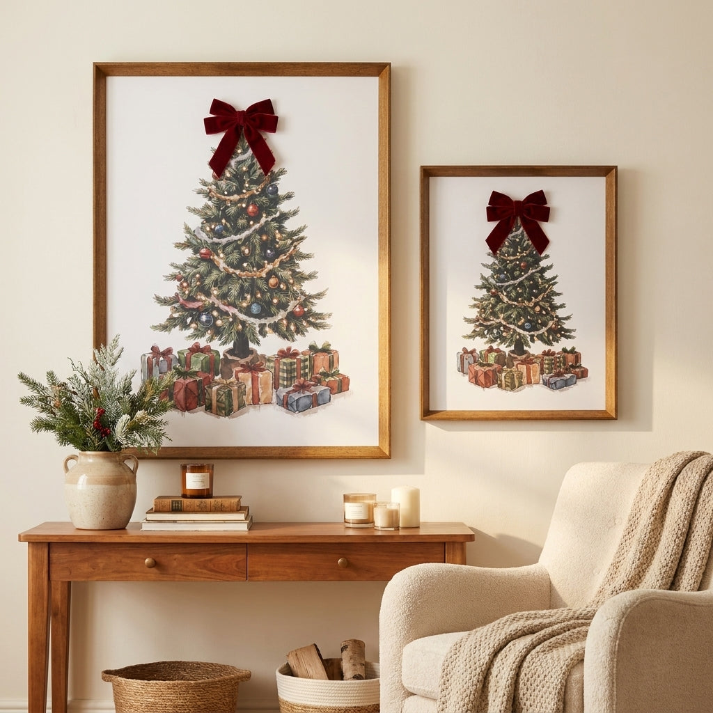 Watercolor Christmas Tree Wall Art, Red Velvet Bow, Farmhouse Framed Holiday Decor, Living Room