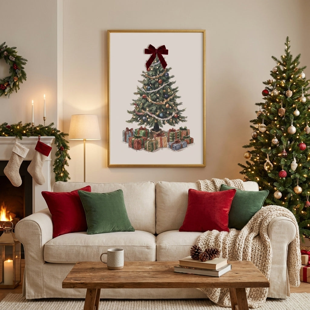 Watercolor Christmas Tree Wall Art, Red Velvet Bow, Farmhouse Framed Holiday Decor, Living Room