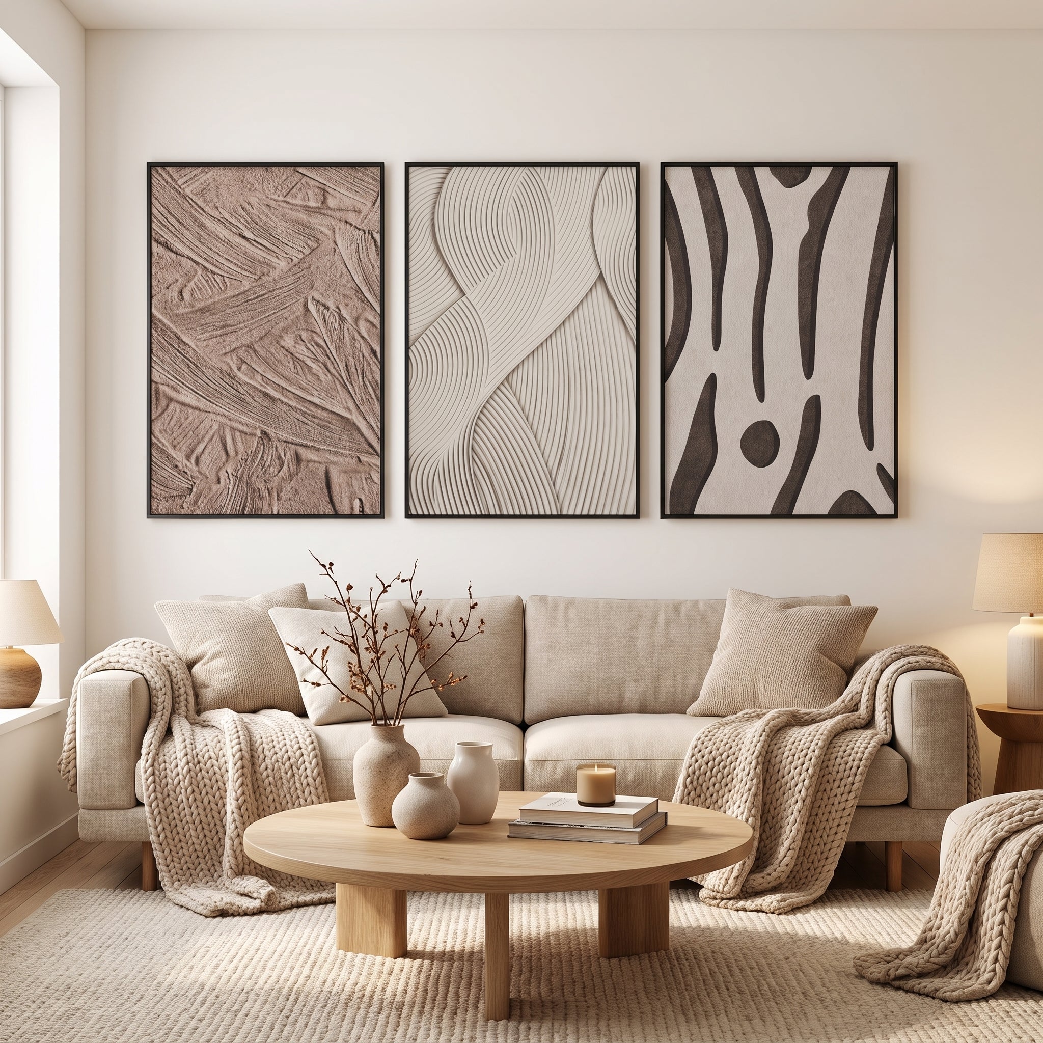 Sandstone Textured Wall Art Set of 3, Large Canvas Wall Decor with Modern Minimalist Design