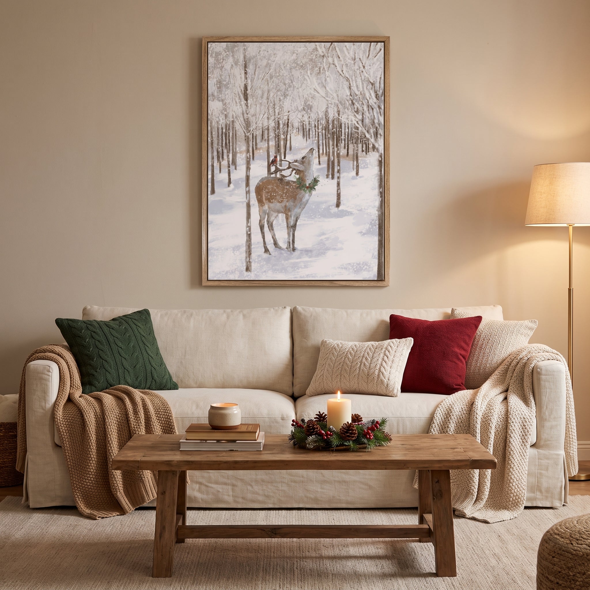 28x20 Christmas Deer Wall Art, Hand-Painted Farmhouse Winter Forest Canvas