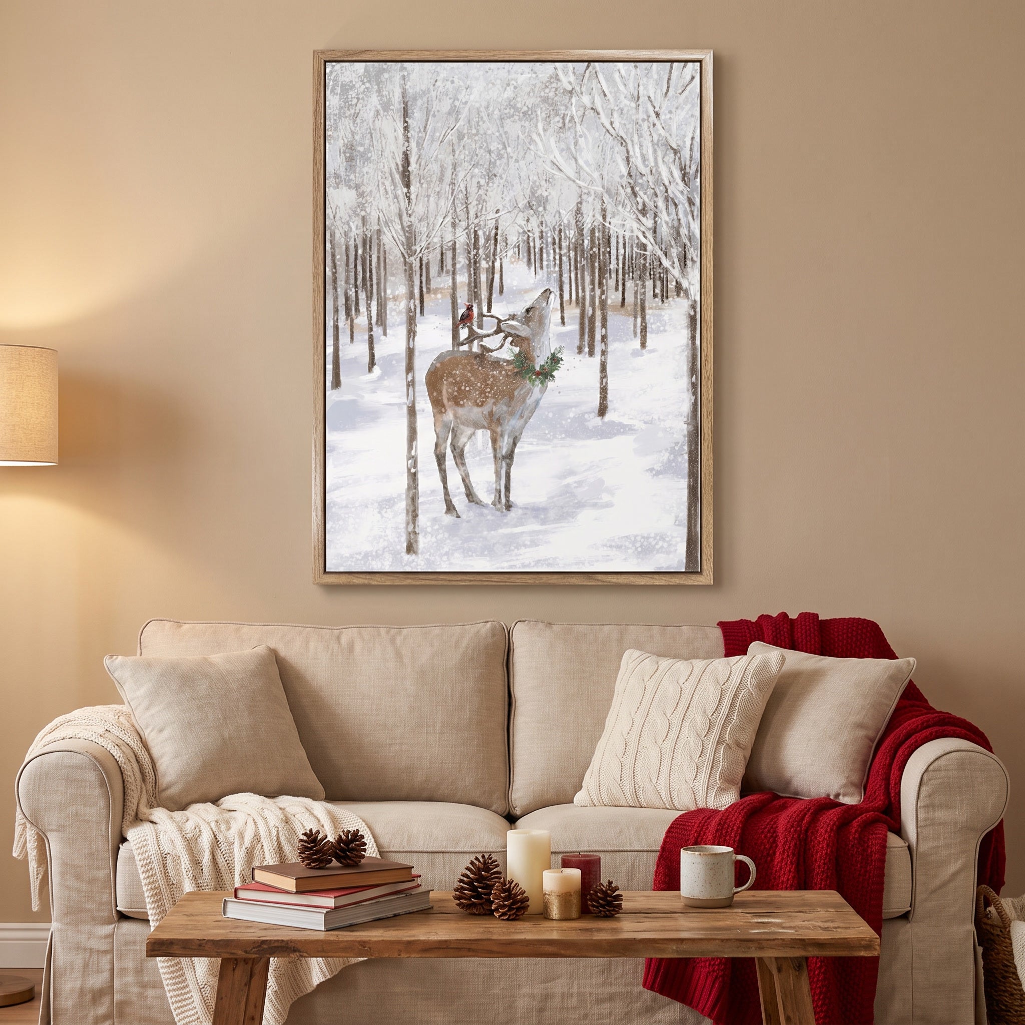 28x20 Christmas Deer Wall Art, Hand-Painted Farmhouse Winter Forest Canvas