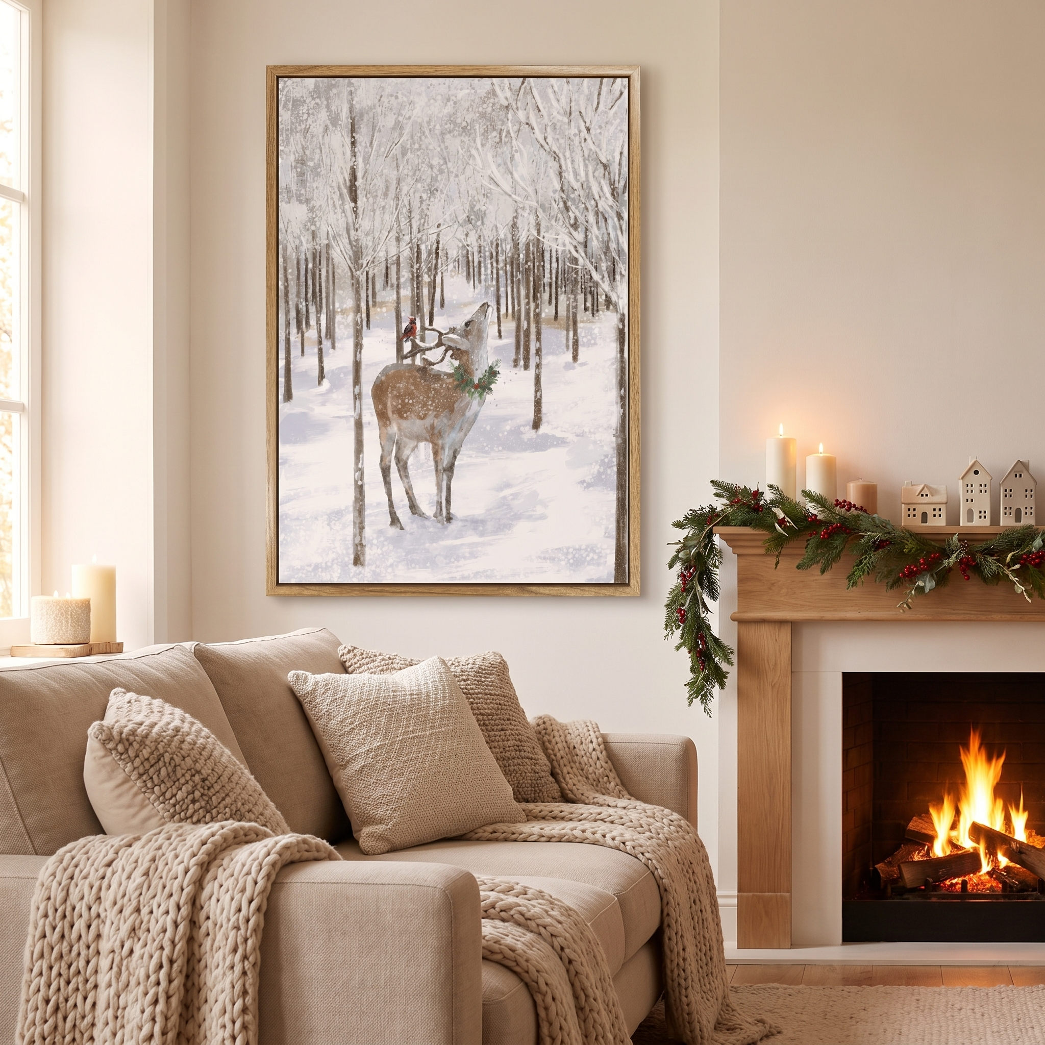 28x20 Christmas Deer Wall Art, Hand-Painted Farmhouse Winter Forest Canvas