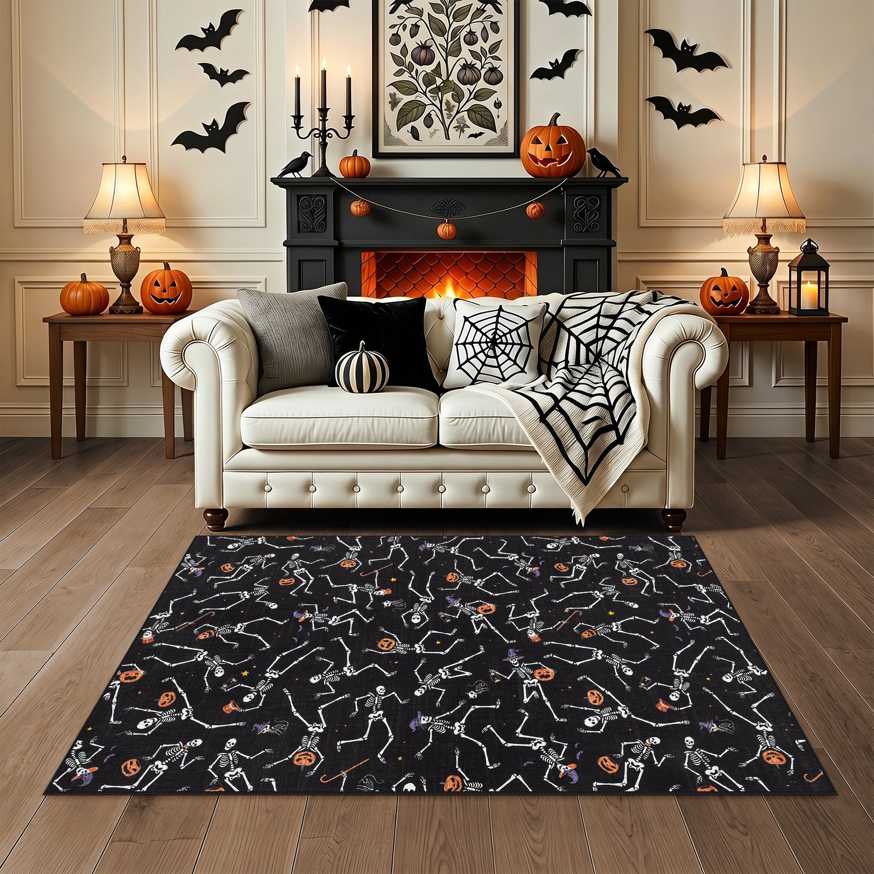 Multiple Sizes Halloween Skeleton Area Rug, Non Slip Washable Floor Mat for Hallways, Gothic Skeleton Floor Carpet for Home Decor