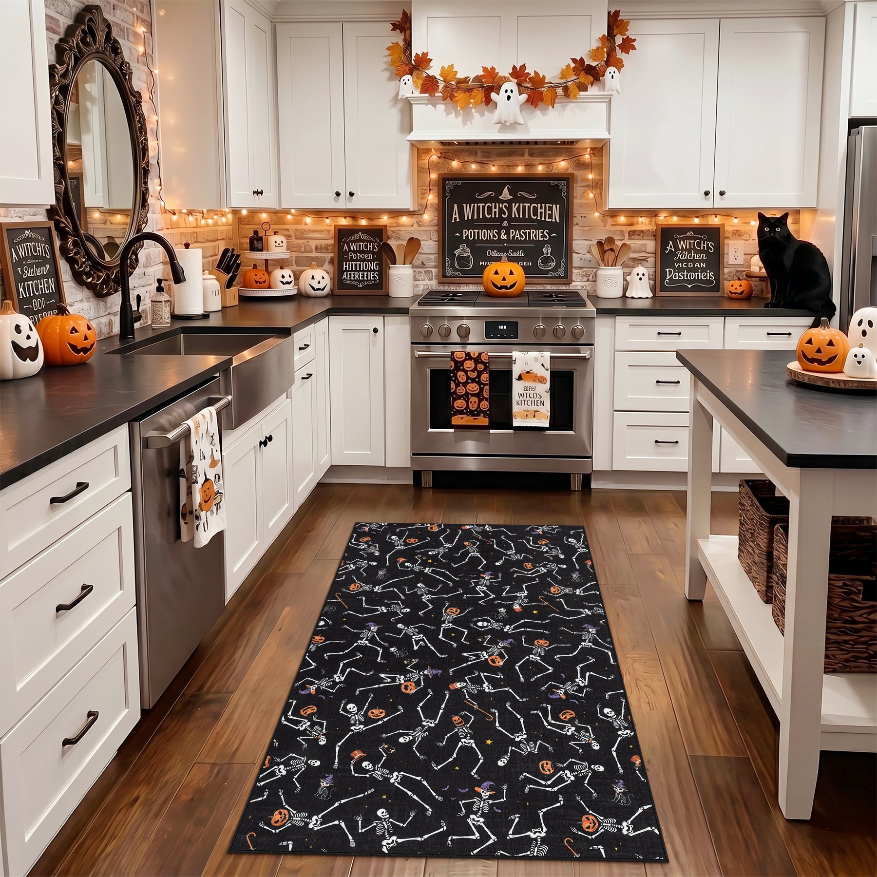 Multiple Sizes Halloween Skeleton Area Rug, Non Slip Washable Floor Mat for Hallways, Gothic Skeleton Floor Carpet for Home Decor