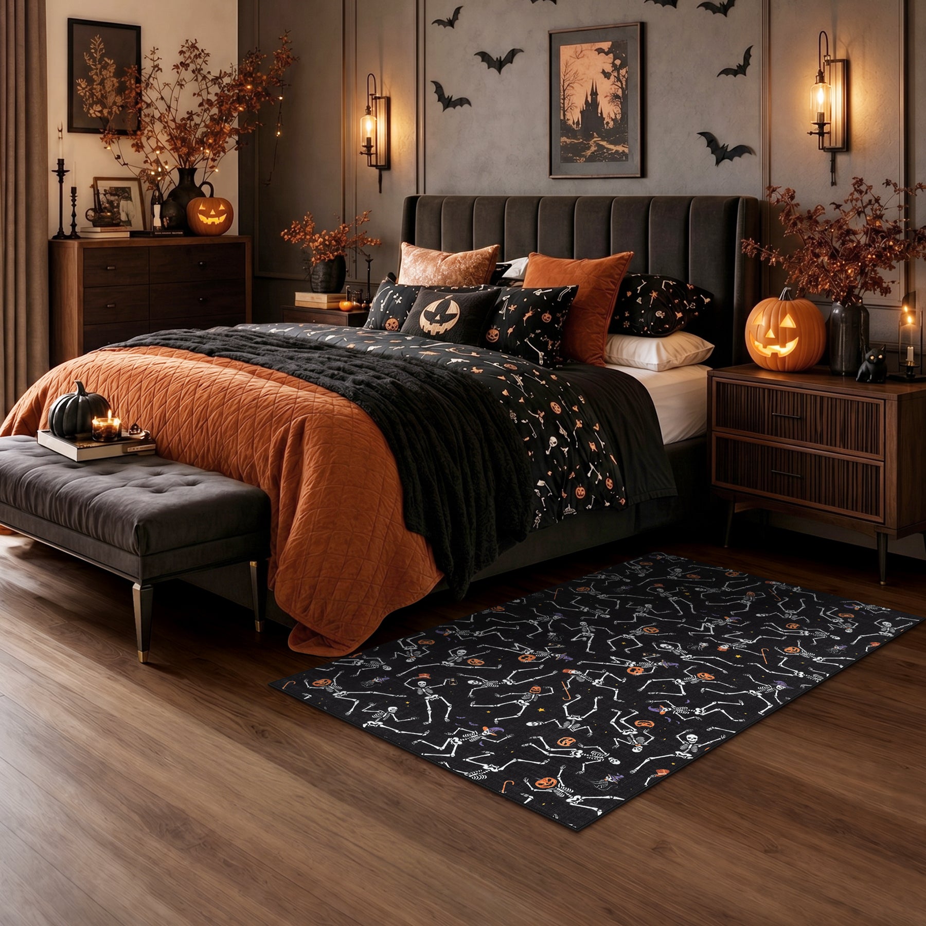 Multiple Sizes Halloween Skeleton Area Rug, Non Slip Washable Floor Mat for Hallways, Gothic Skeleton Floor Carpet for Home Decor