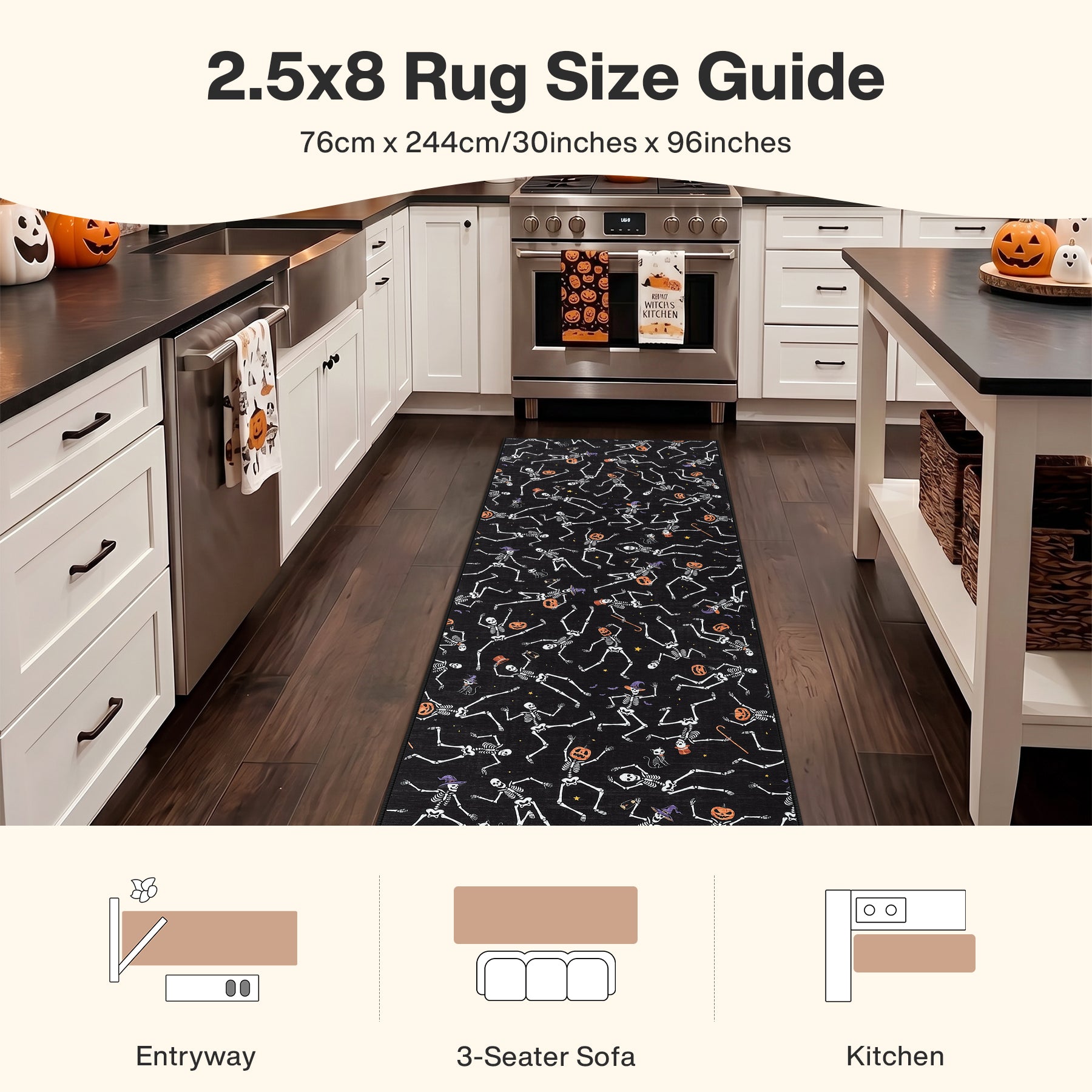 Multiple Sizes Halloween Skeleton Area Rug, Non Slip Washable Floor Mat for Hallways, Gothic Skeleton Floor Carpet for Home Decor