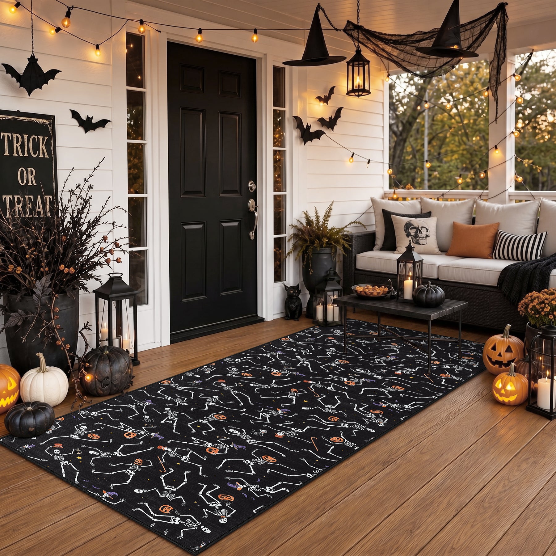 Multiple Sizes Halloween Skeleton Area Rug, Non Slip Washable Floor Mat for Hallways, Gothic Skeleton Floor Carpet for Home Decor