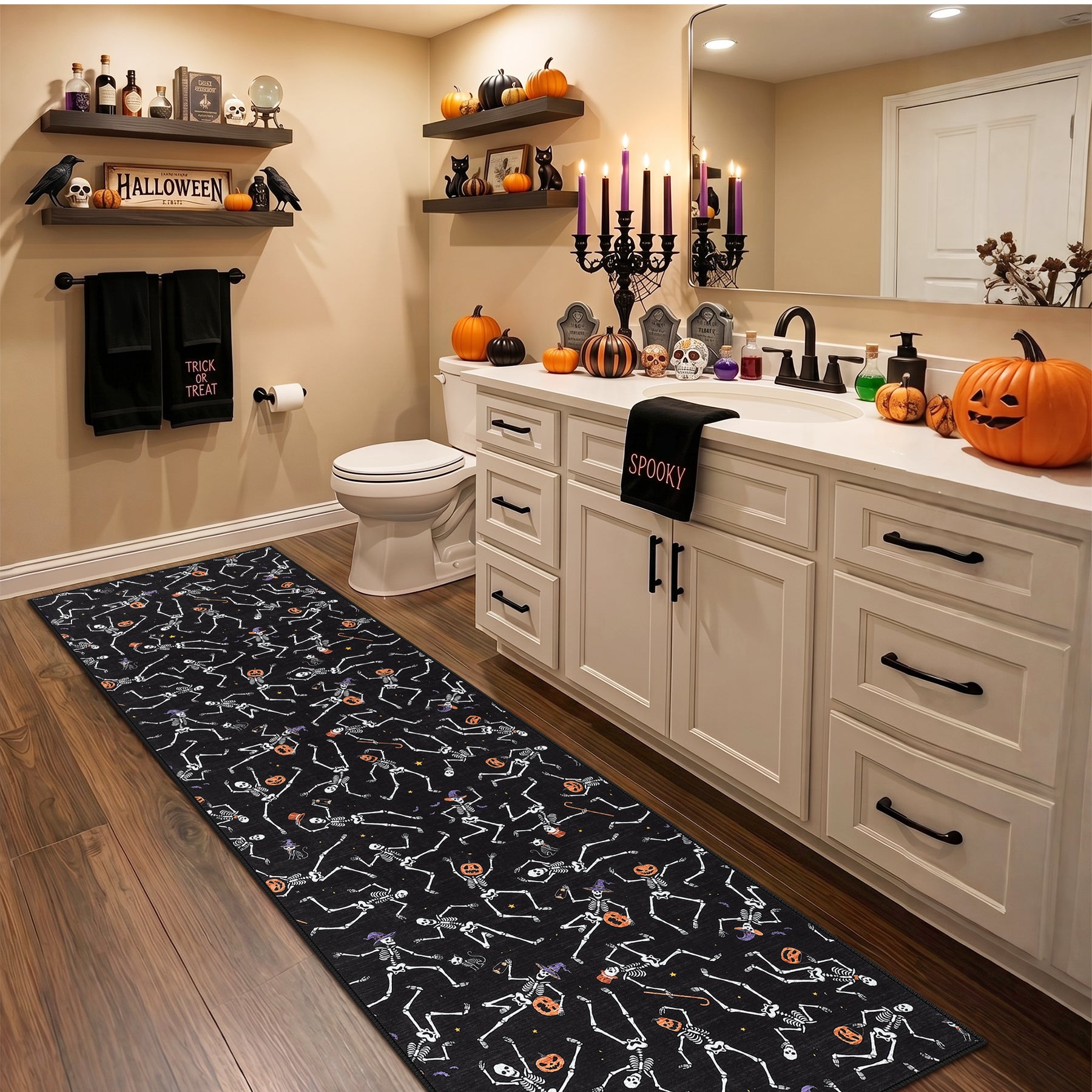 Multiple Sizes Halloween Skeleton Area Rug, Non Slip Washable Floor Mat for Hallways, Gothic Skeleton Floor Carpet for Home Decor