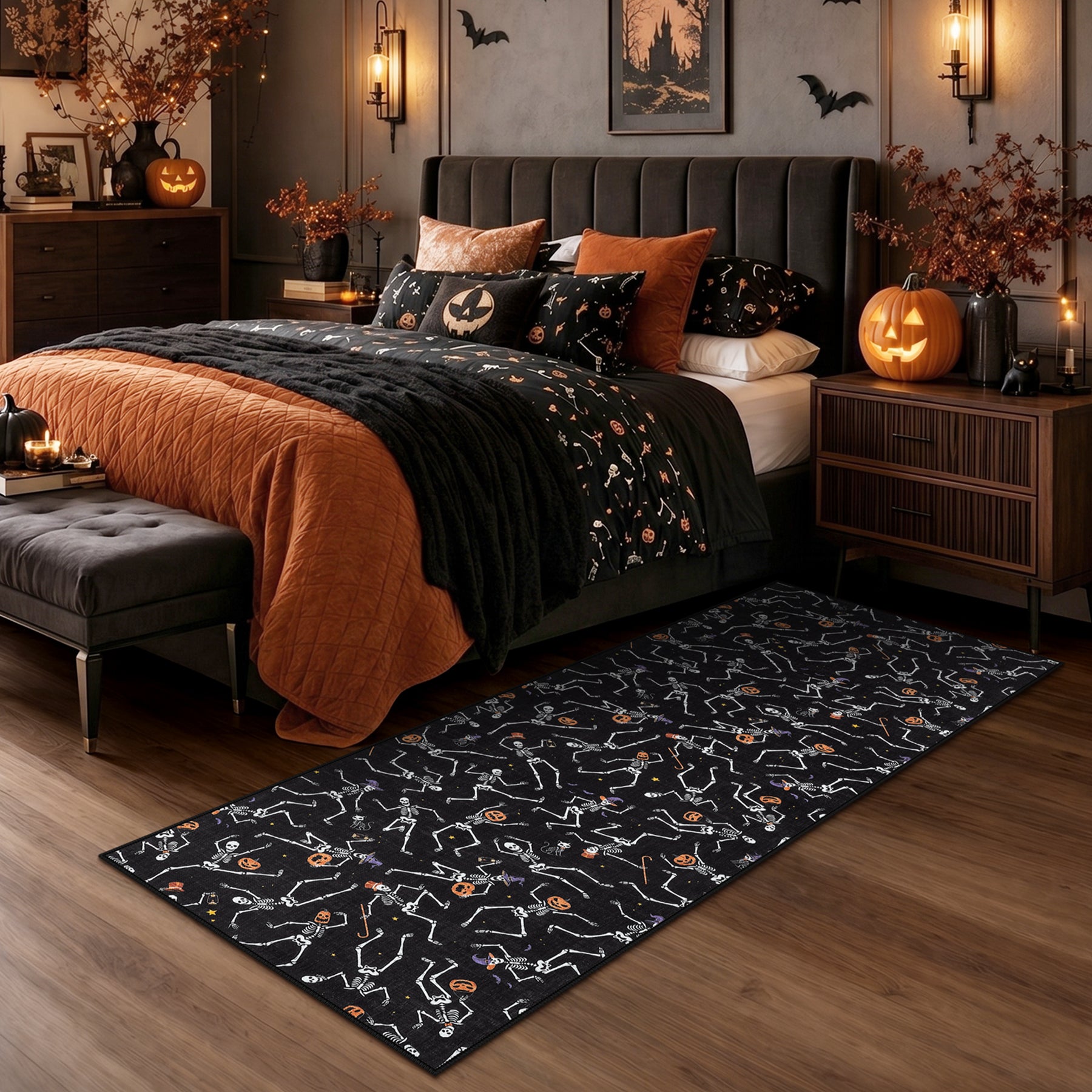 Multiple Sizes Halloween Skeleton Area Rug, Non Slip Washable Floor Mat for Hallways, Gothic Skeleton Floor Carpet for Home Decor