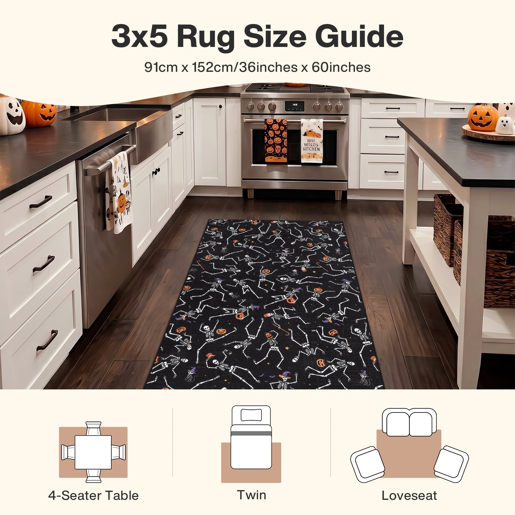 Multiple Sizes Halloween Skeleton Area Rug, Non Slip Washable Floor Mat for Hallways, Gothic Skeleton Floor Carpet for Home Decor