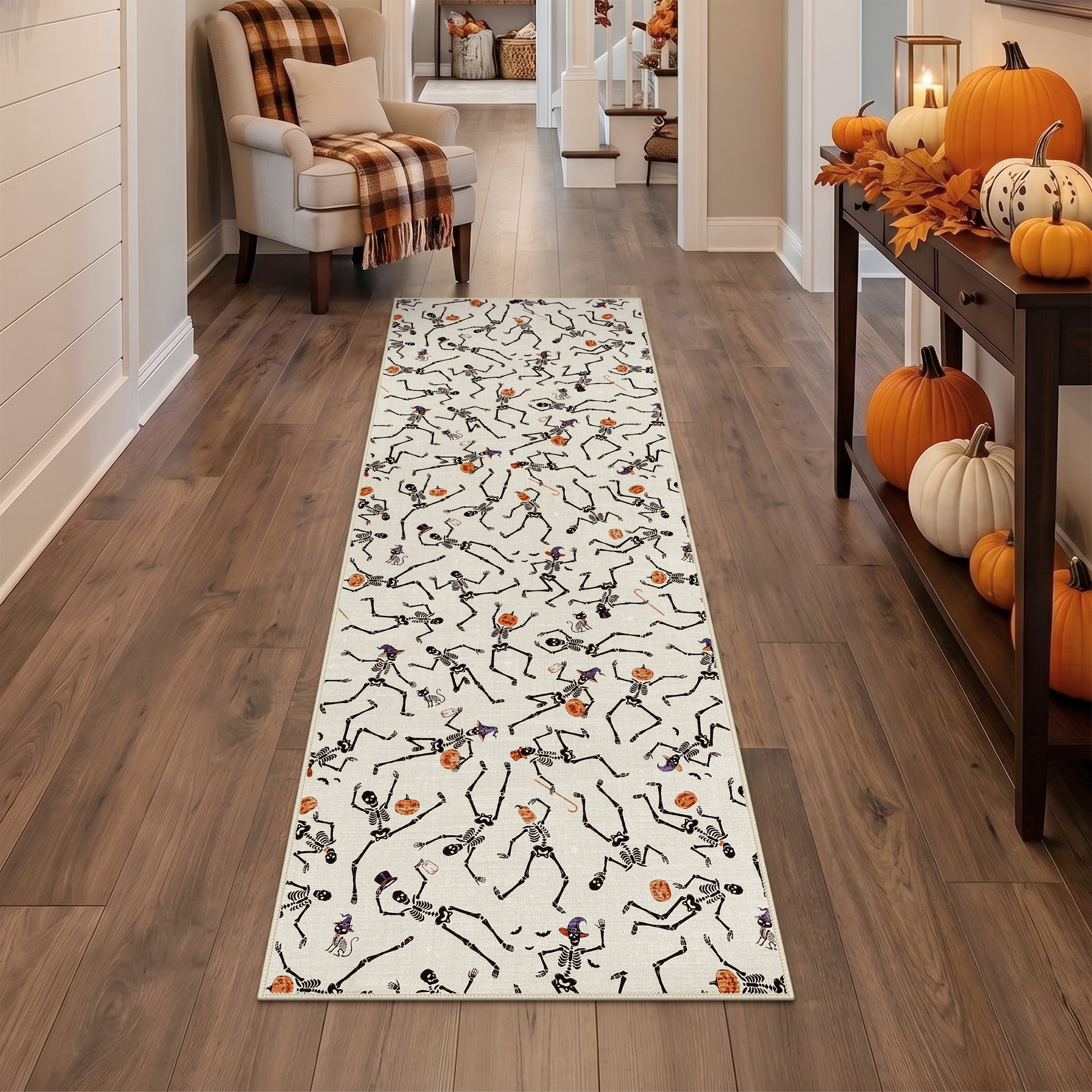 Multiple Sizes Halloween Skeleton Area Rug, Non Slip Washable Floor Mat for Hallways, Gothic Skeleton Floor Carpet for Home Decor