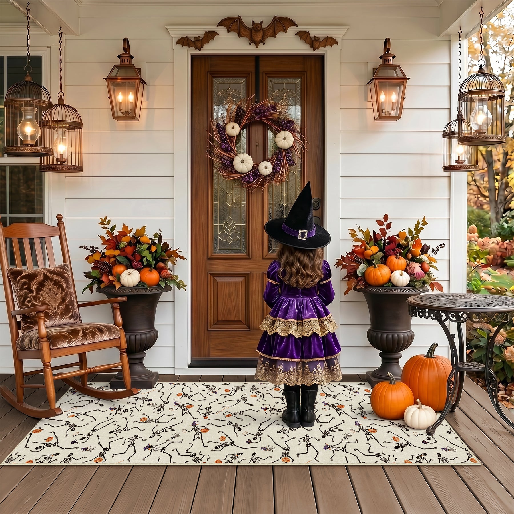 Multiple Sizes Halloween Skeleton Area Rug, Non Slip Washable Floor Mat for Hallways, Gothic Skeleton Floor Carpet for Home Decor