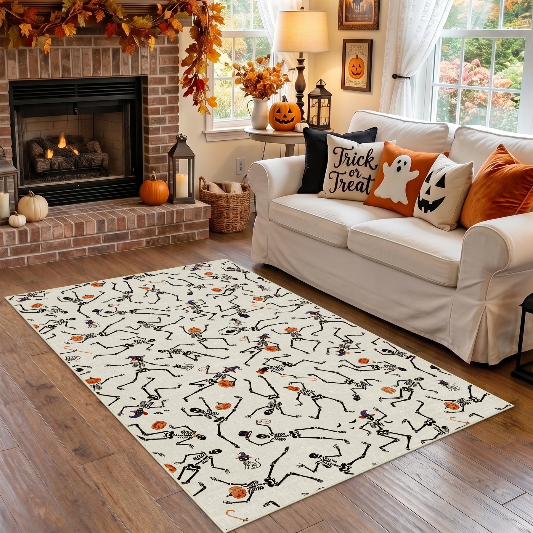 Multiple Sizes Halloween Skeleton Area Rug, Non Slip Washable Floor Mat for Hallways, Gothic Skeleton Floor Carpet for Home Decor