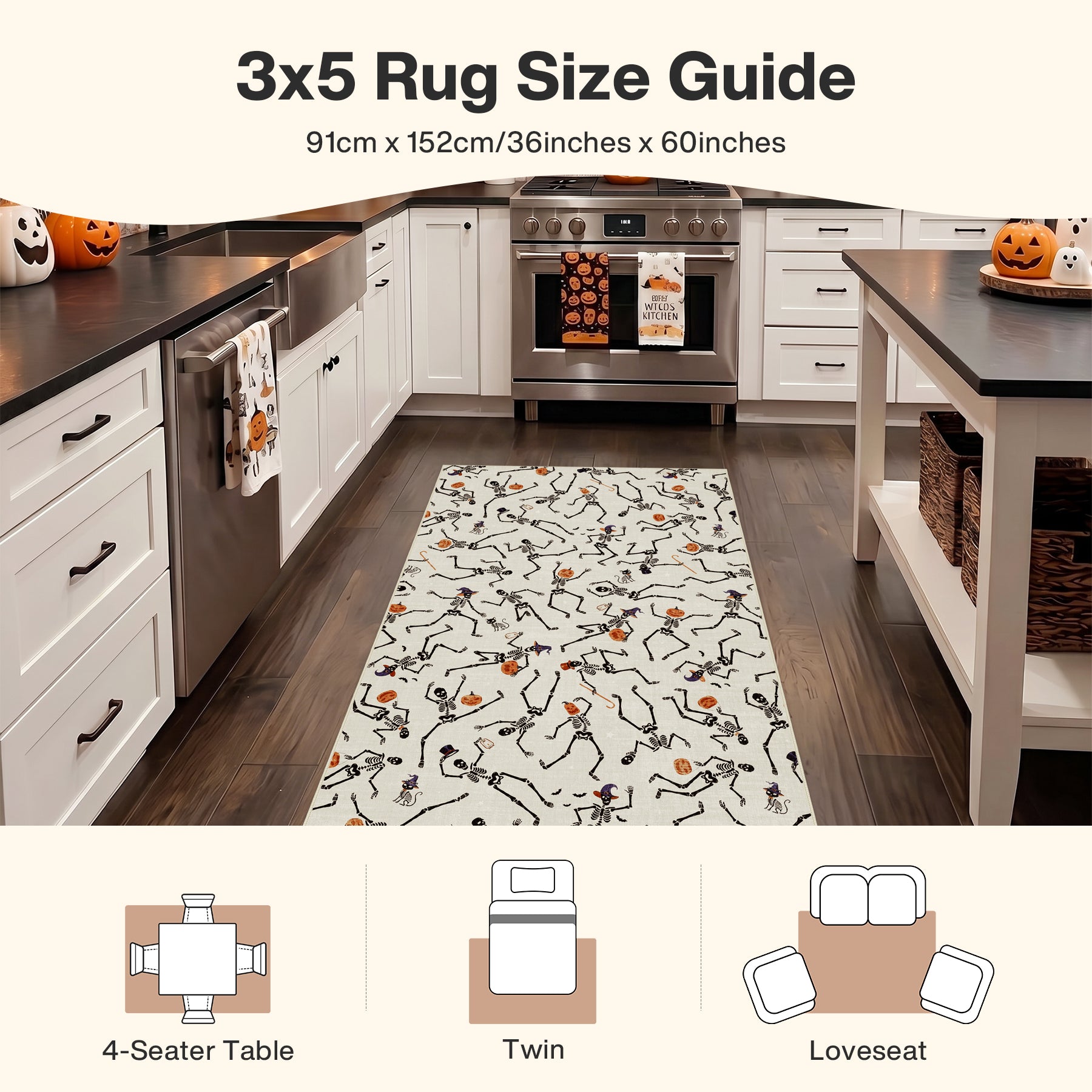 Multiple Sizes Halloween Skeleton Area Rug, Non Slip Washable Floor Mat for Hallways, Gothic Skeleton Floor Carpet for Home Decor