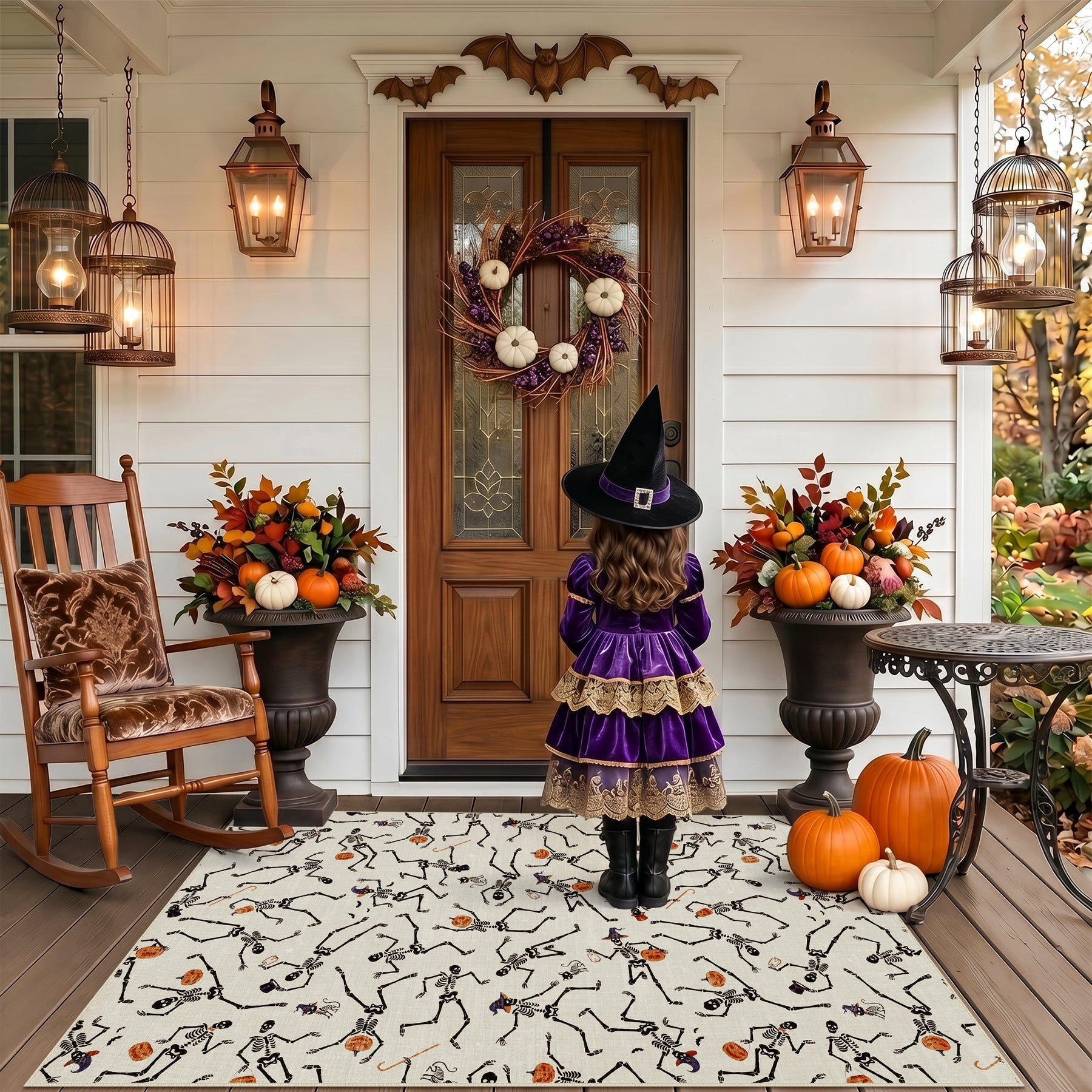 Multiple Sizes Halloween Skeleton Area Rug, Non Slip Washable Floor Mat for Hallways, Gothic Skeleton Floor Carpet for Home Decor