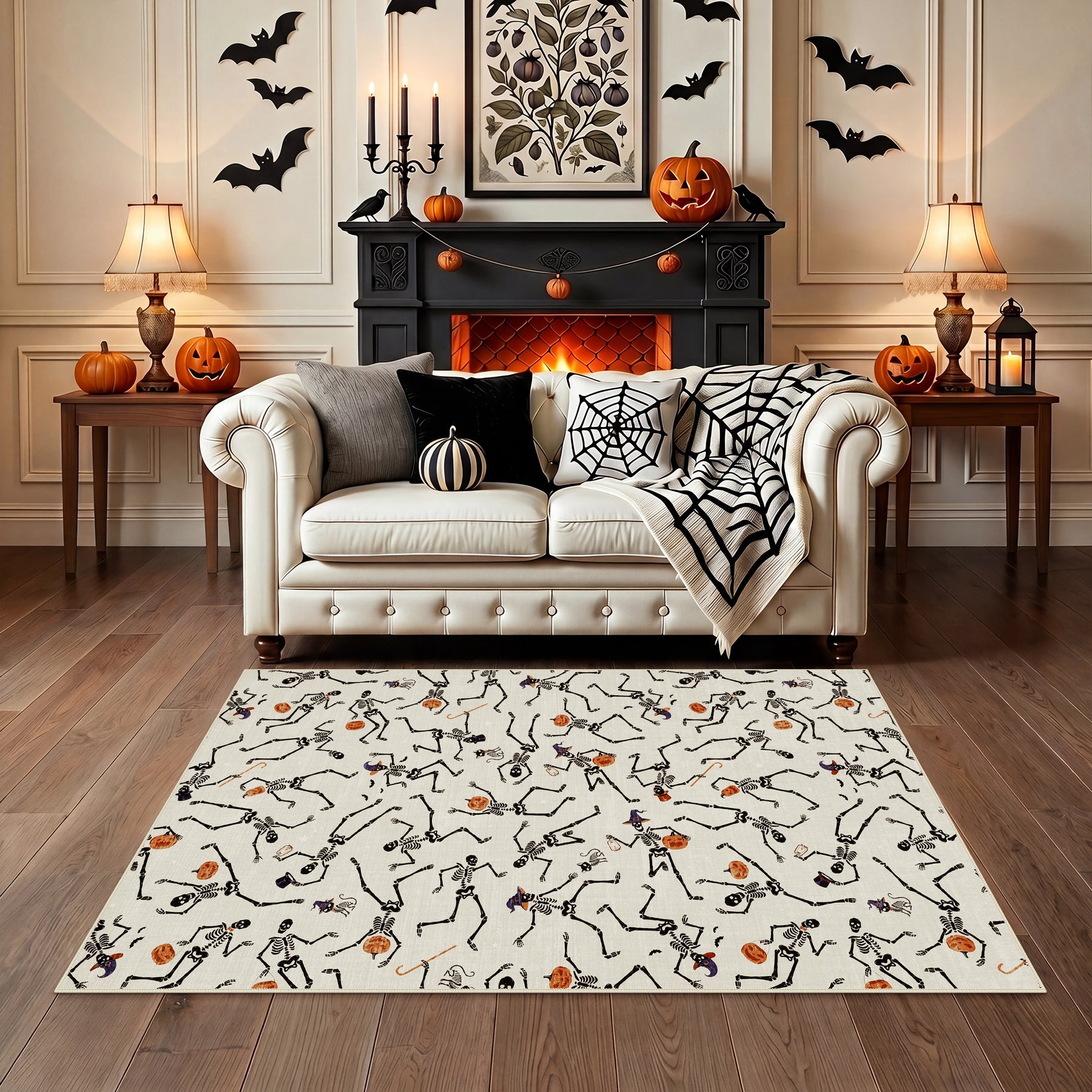 Multiple Sizes Halloween Skeleton Area Rug, Non Slip Washable Floor Mat for Hallways, Gothic Skeleton Floor Carpet for Home Decor