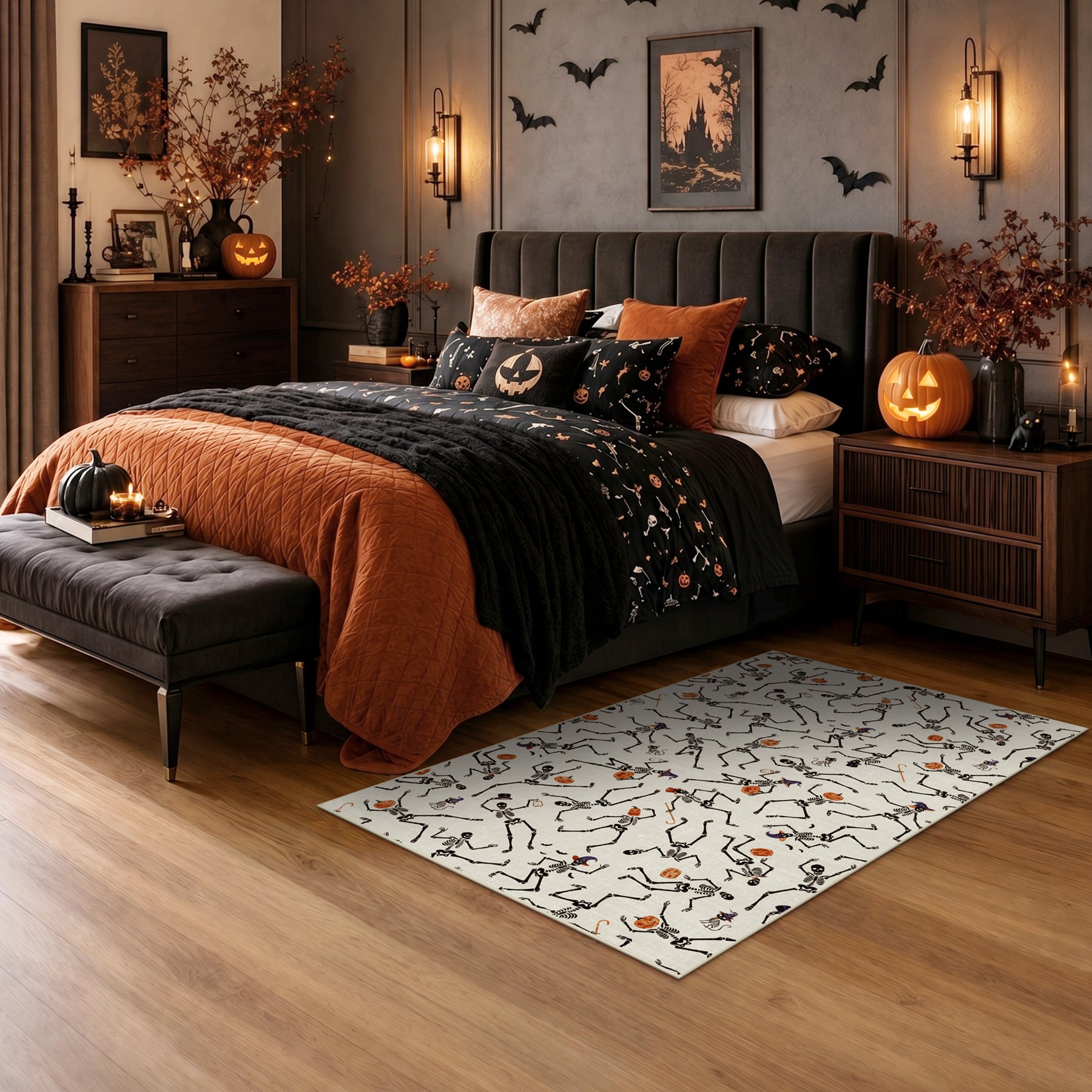 Multiple Sizes Halloween Skeleton Area Rug, Non Slip Washable Floor Mat for Hallways, Gothic Skeleton Floor Carpet for Home Decor
