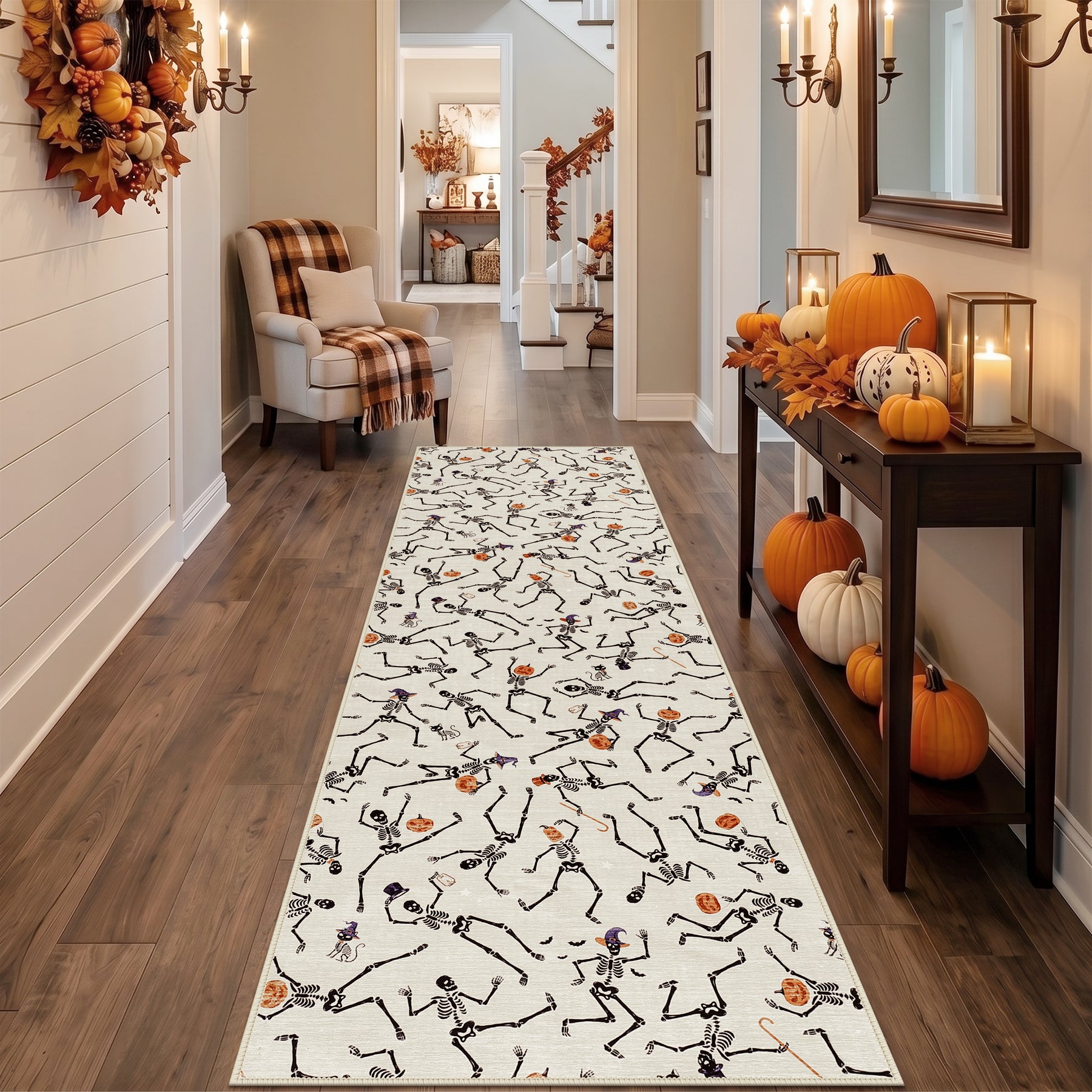 Multiple Sizes Halloween Skeleton Area Rug, Non Slip Washable Floor Mat for Hallways, Gothic Skeleton Floor Carpet for Home Decor