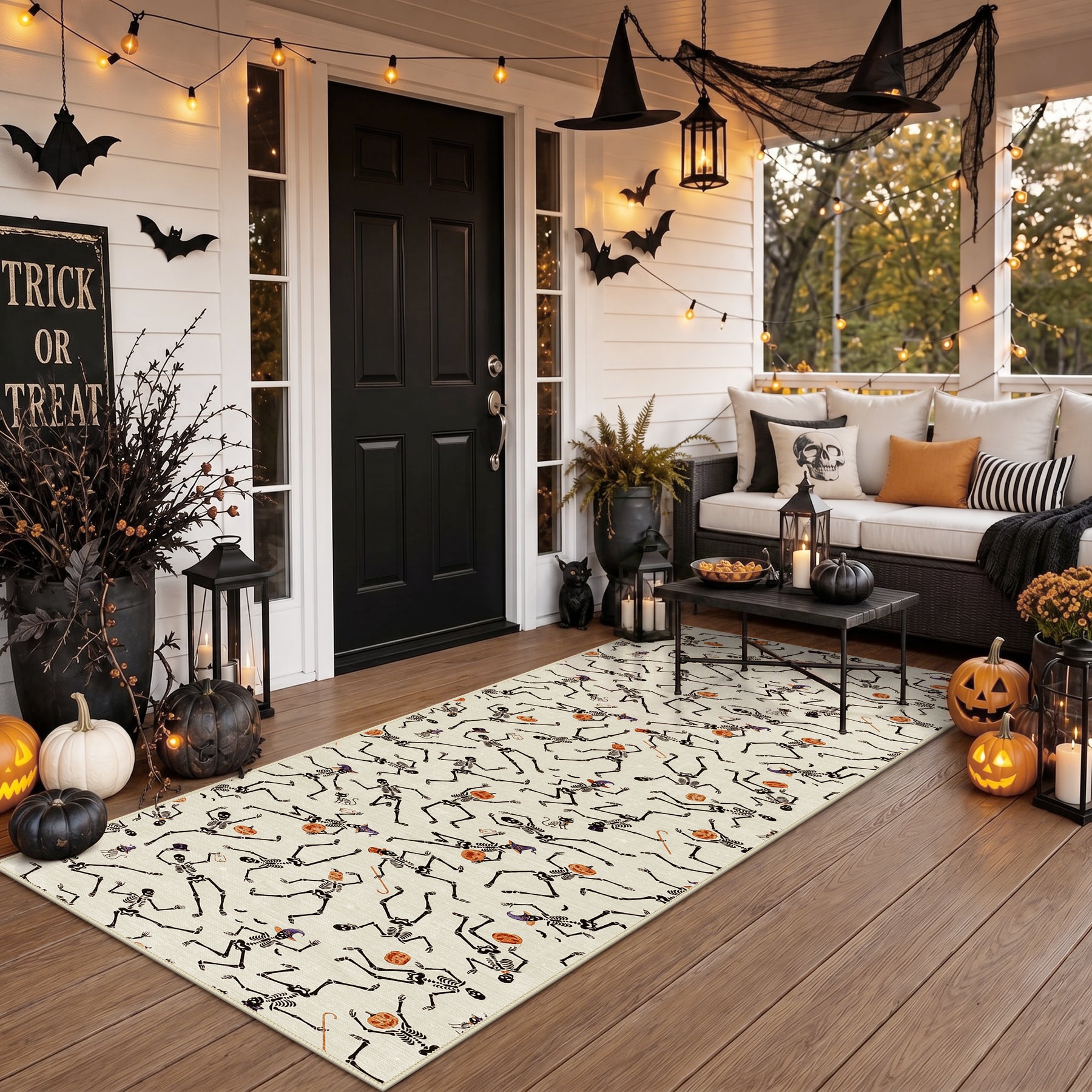 Multiple Sizes Halloween Skeleton Area Rug, Non Slip Washable Floor Mat for Hallways, Gothic Skeleton Floor Carpet for Home Decor