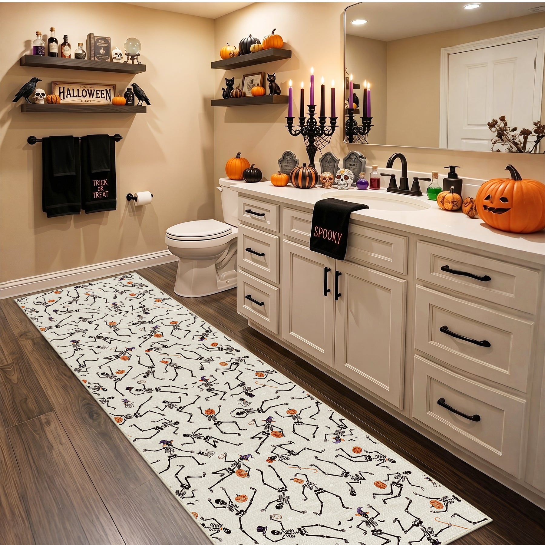 Multiple Sizes Halloween Skeleton Area Rug, Non Slip Washable Floor Mat for Hallways, Gothic Skeleton Floor Carpet for Home Decor