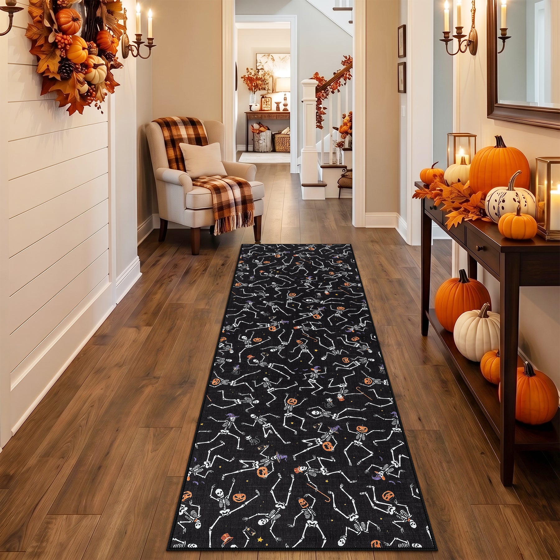 Multiple Sizes Halloween Skeleton Area Rug, Non Slip Washable Floor Mat for Hallways, Gothic Skeleton Floor Carpet for Home Decor