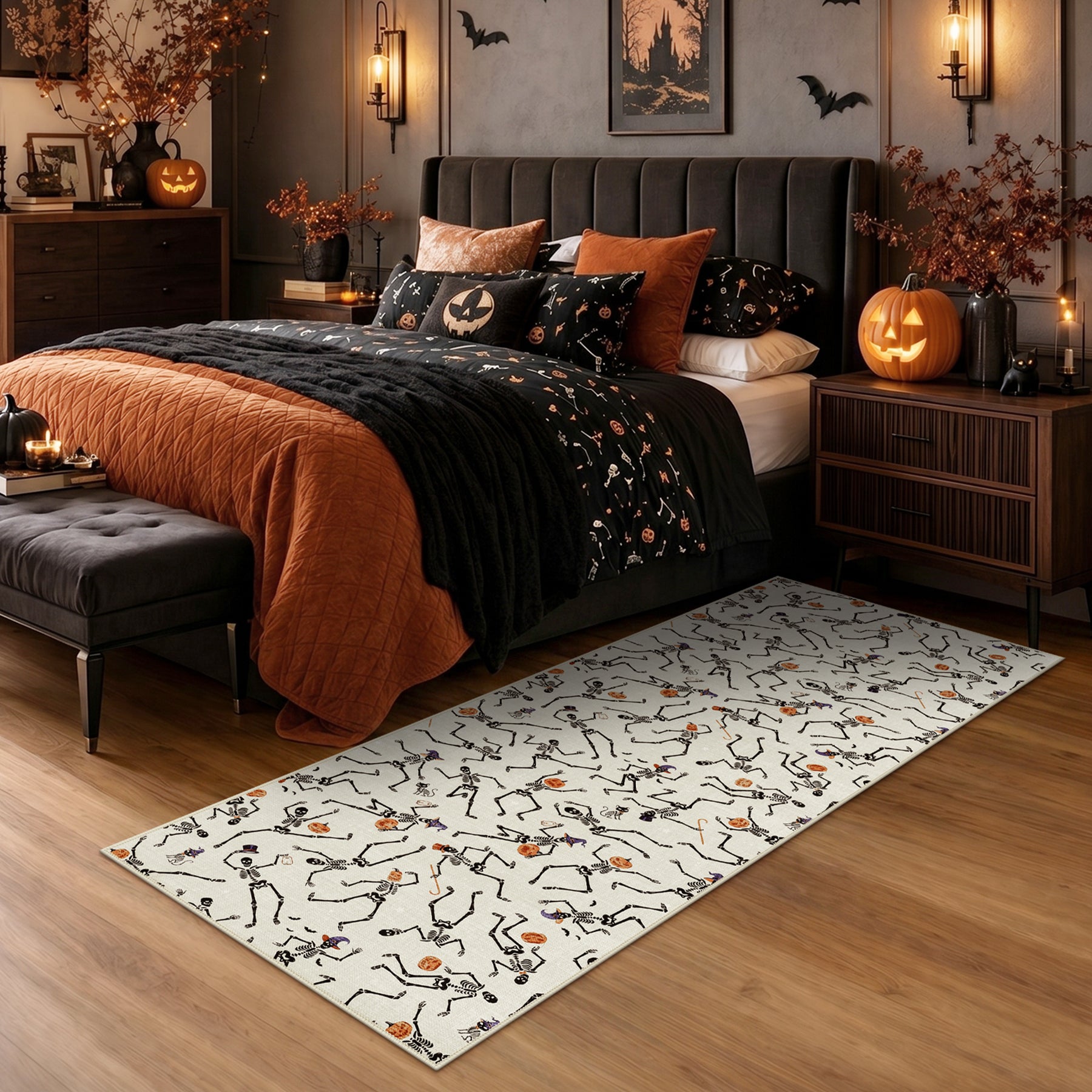Multiple Sizes Halloween Skeleton Area Rug, Non Slip Washable Floor Mat for Hallways, Gothic Skeleton Floor Carpet for Home Decor