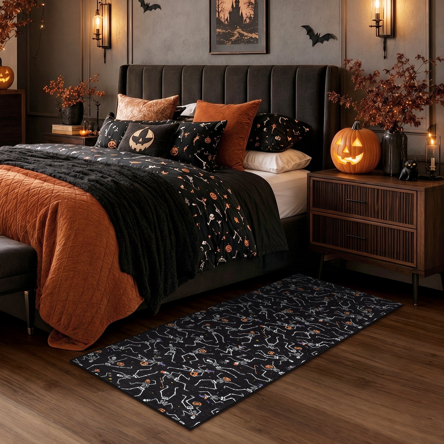 Multiple Sizes Halloween Skeleton Area Rug, Non Slip Washable Floor Mat for Hallways, Gothic Skeleton Floor Carpet for Home Decor