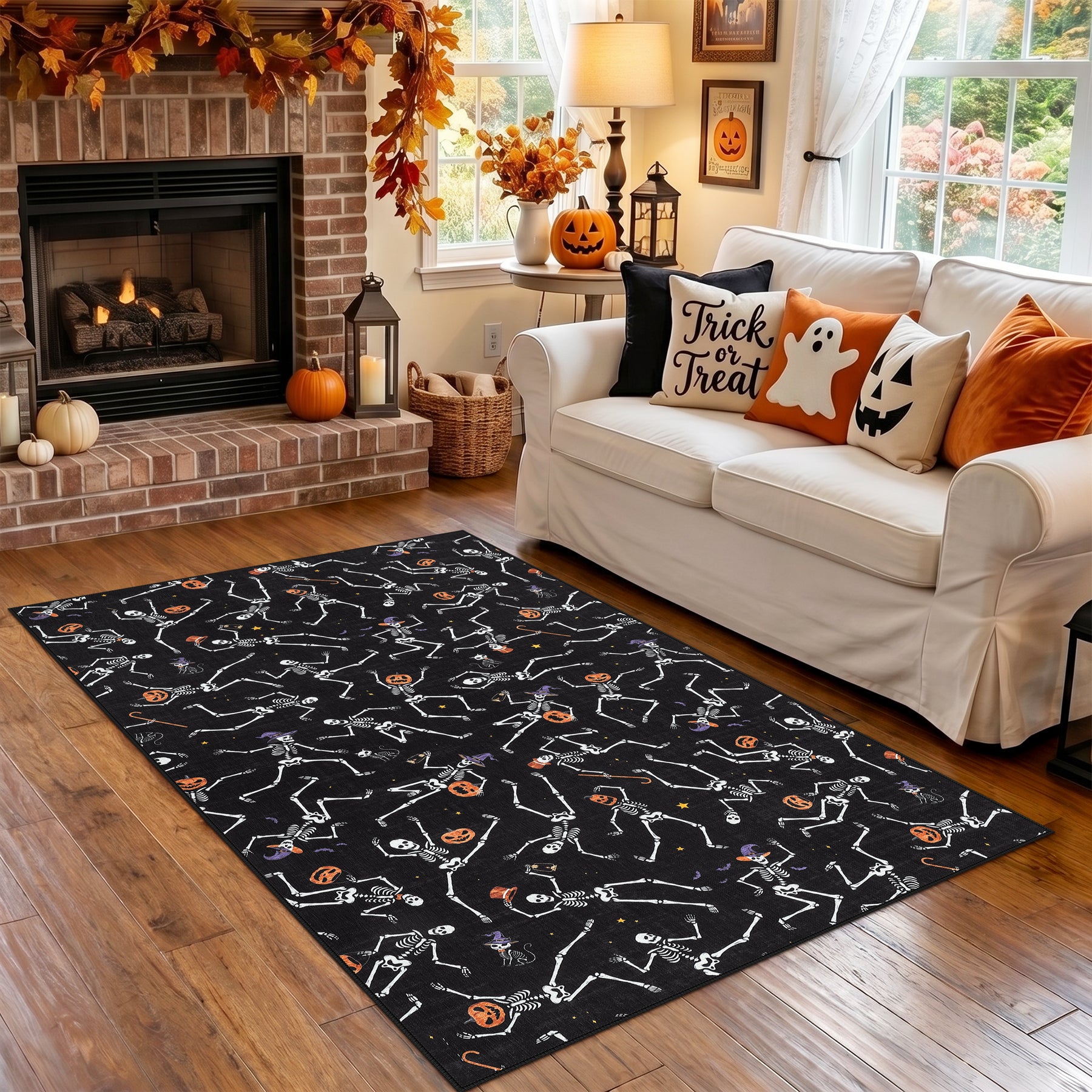 Multiple Sizes Halloween Skeleton Area Rug, Non Slip Washable Floor Mat for Hallways, Gothic Skeleton Floor Carpet for Home Decor