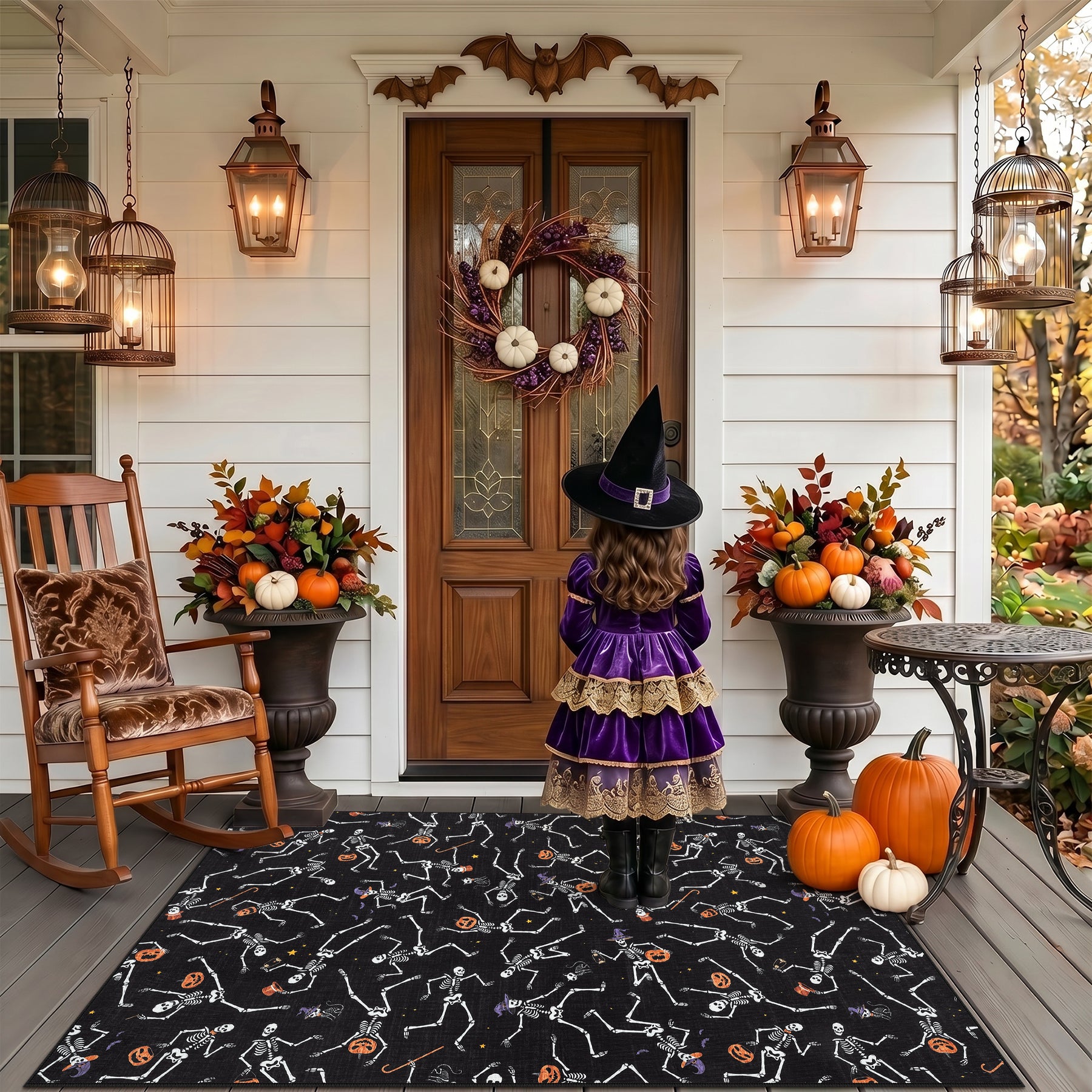Multiple Sizes Halloween Skeleton Area Rug, Non Slip Washable Floor Mat for Hallways, Gothic Skeleton Floor Carpet for Home Decor
