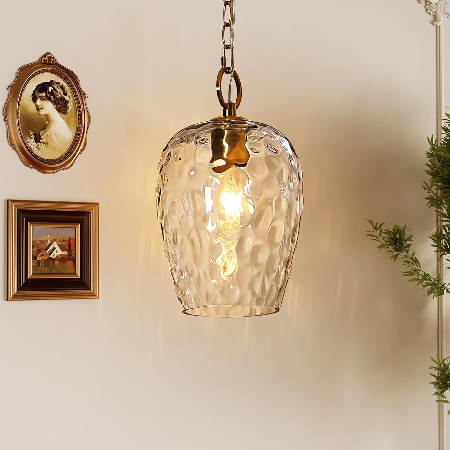 Hammered Glass Pendant Light,  Rippled Hanging Light with Adjustable 60-Inch Chain