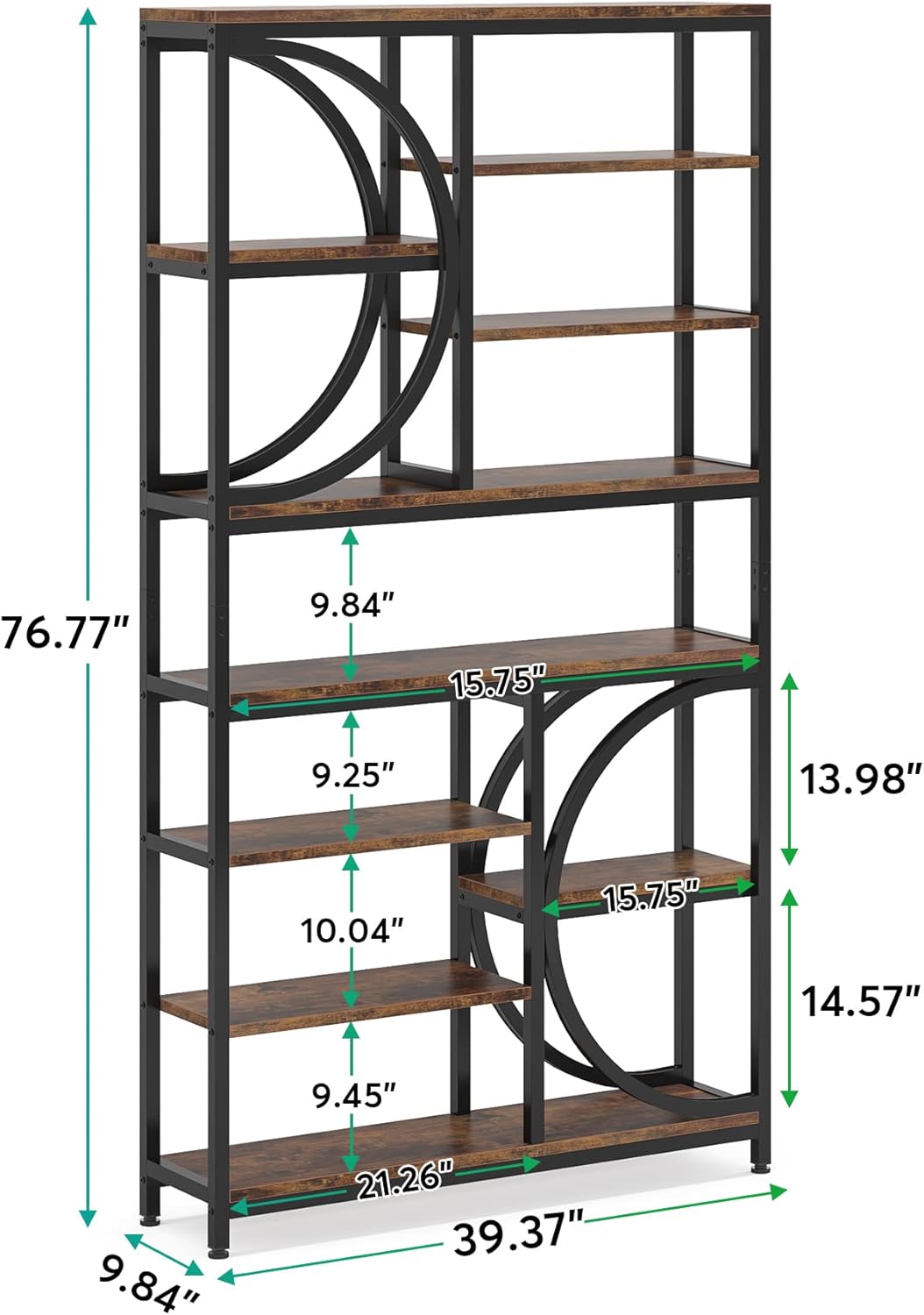 77" Bookshelf, Industrial 8-Tier Etagere Bookcase Open Display Shelves