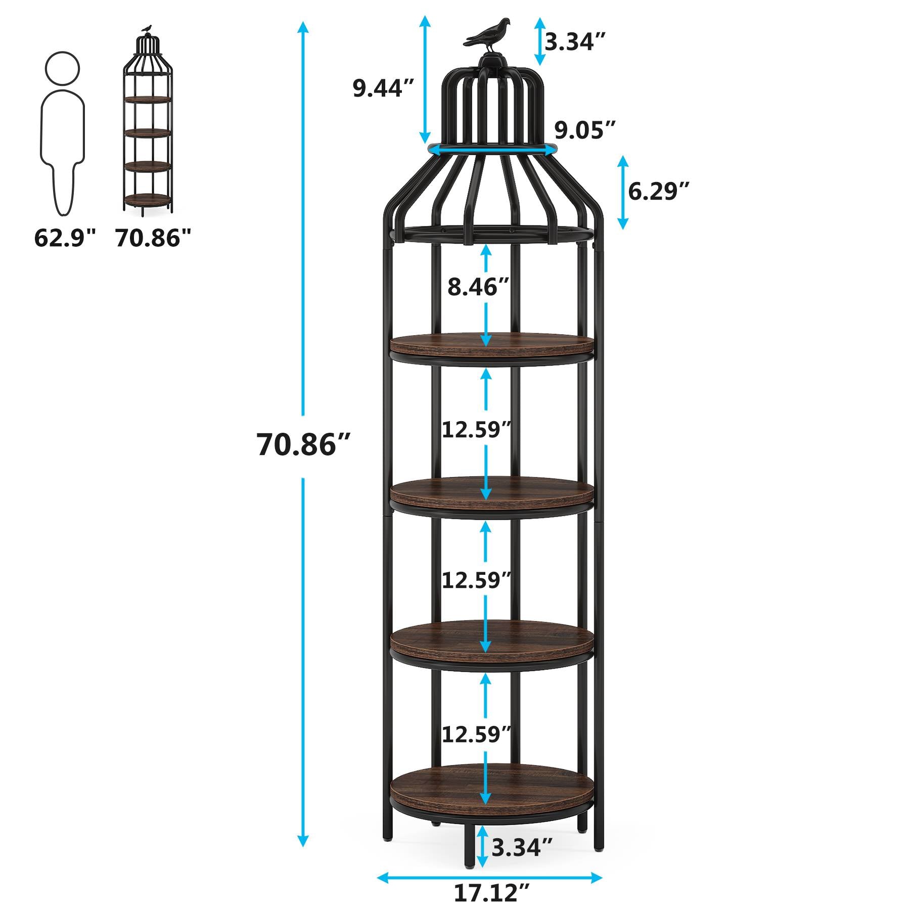 Industrial Bookshelf, 4-Tier Etagere Bookcase with Bird Cage Design