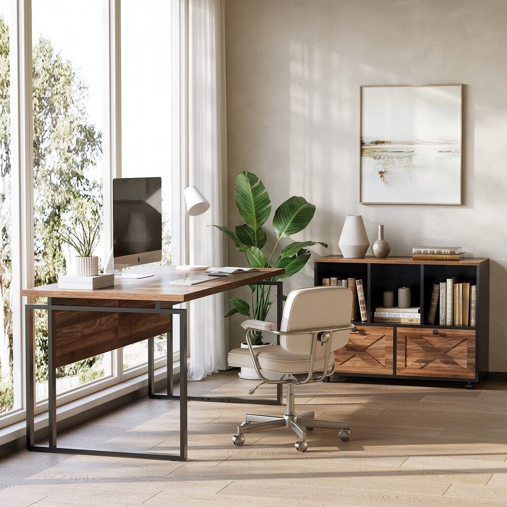 L-Shaped Office Desk, 63" Executive Computer Desk with File Cabinet