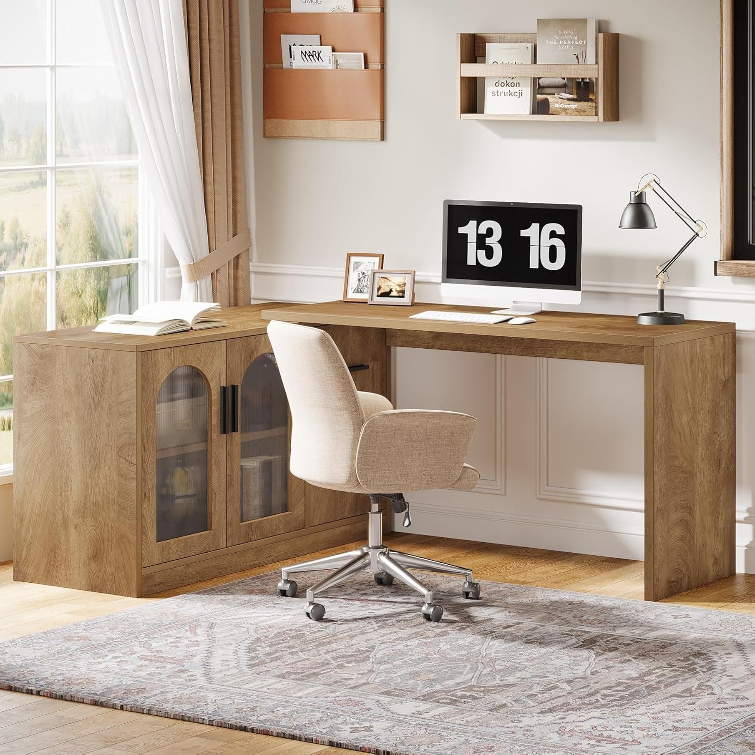 L-Shaped Computer Desk, 55" Executive Desk Office Workstation with Storage Cabinet