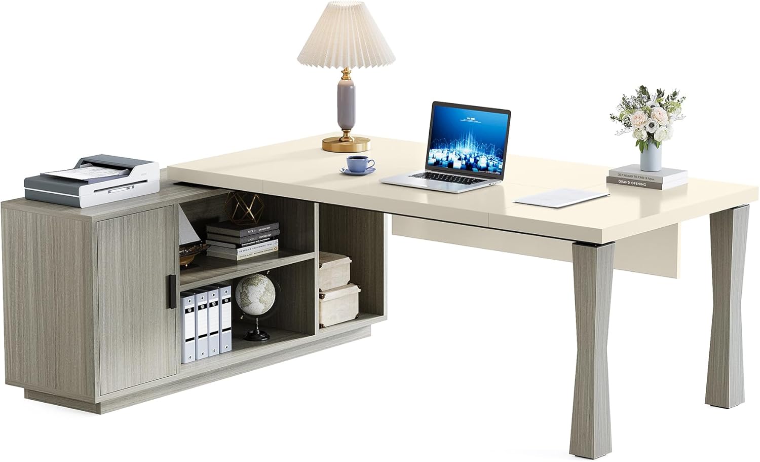 Large L-Shaped Desk, 71-Inch Executive Desk Computer Table with Cabinet