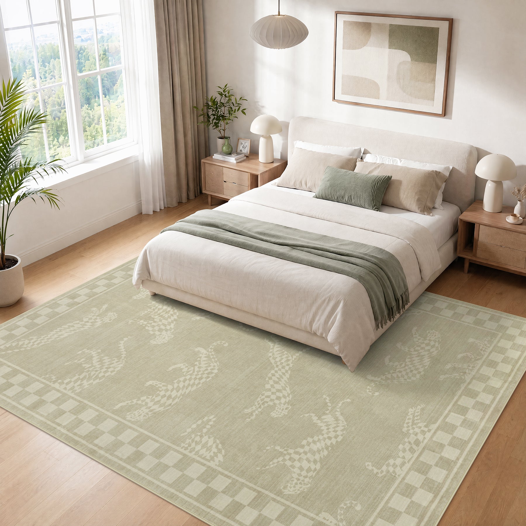 Leaping Cheetah Print Checkered Area Rug, Machine Washable Soft Non-Slip Low Pile Carpet, Oeko-Tex Certified