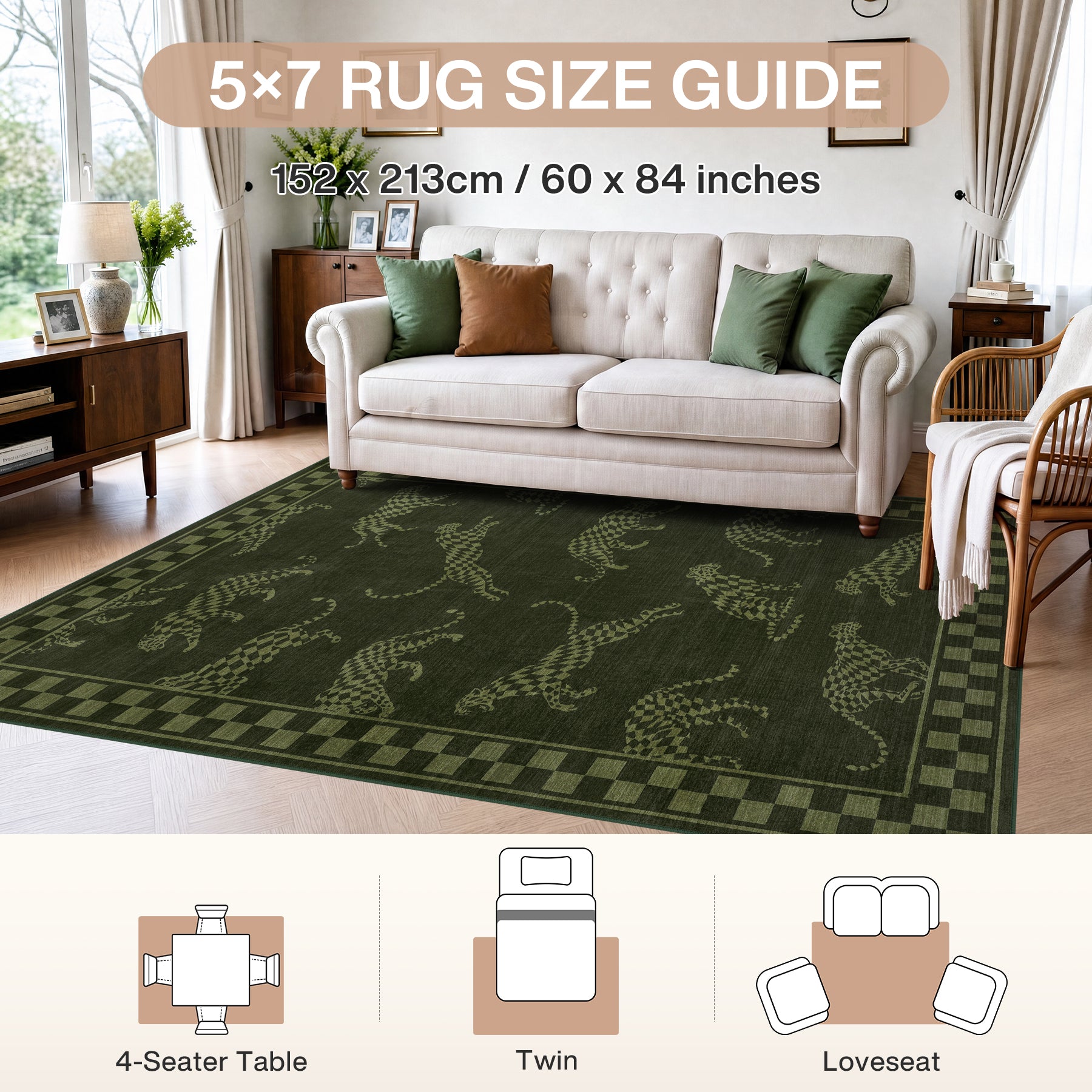 Leaping Cheetah Print Checkered Area Rug, Machine Washable Soft Non-Slip Low Pile Carpet, Oeko-Tex Certified