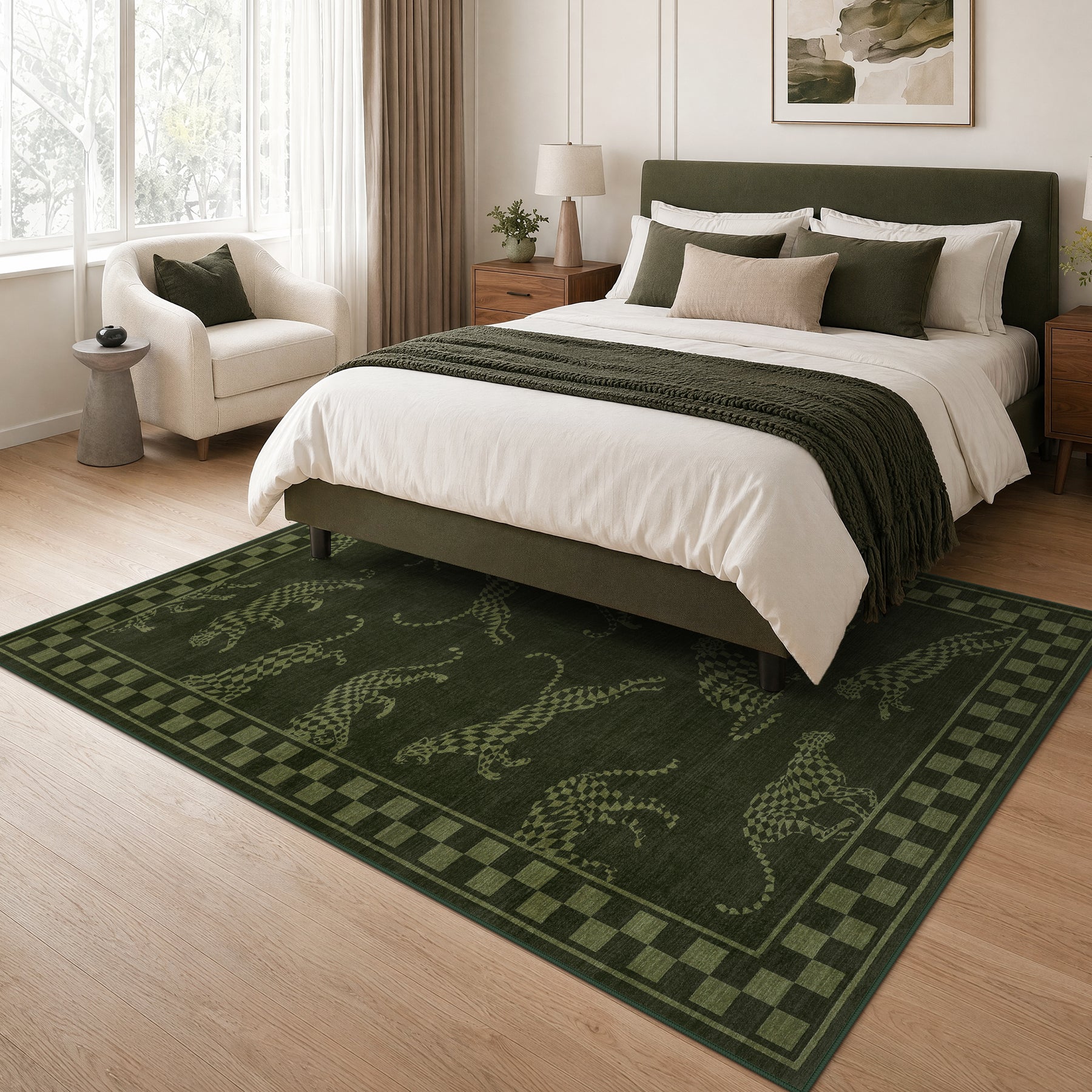 Leaping Cheetah Print Checkered Area Rug, Machine Washable Soft Non-Slip Low Pile Carpet, Oeko-Tex Certified