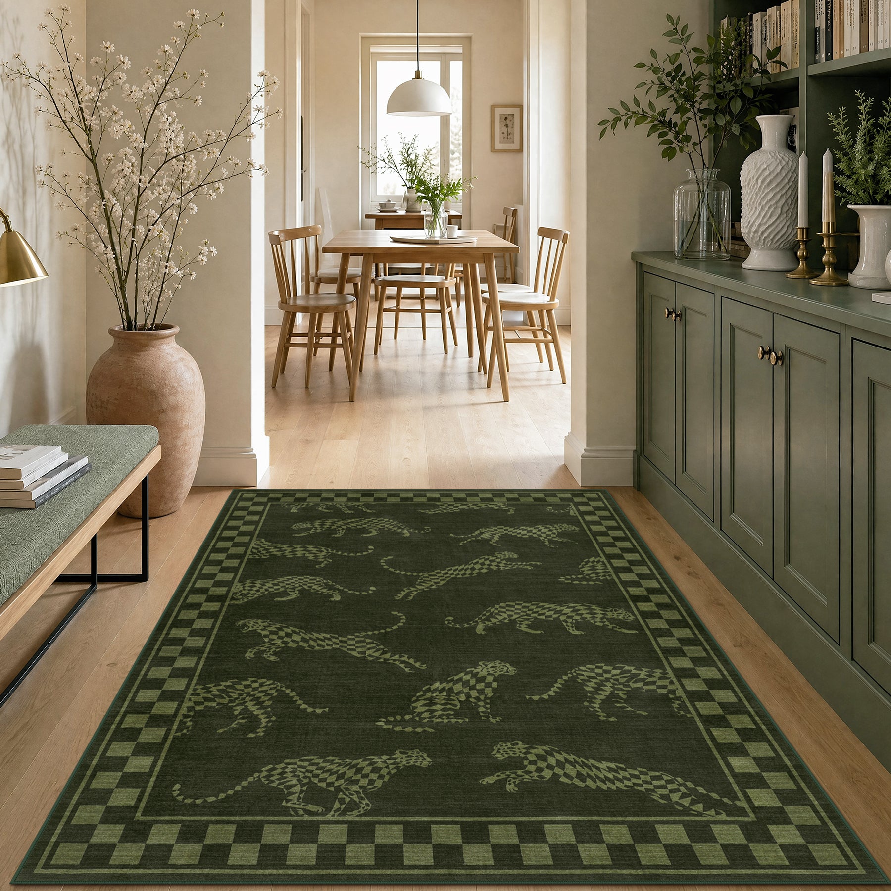 Leaping Cheetah Print Checkered Area Rug, Machine Washable Soft Non-Slip Low Pile Carpet, Oeko-Tex Certified